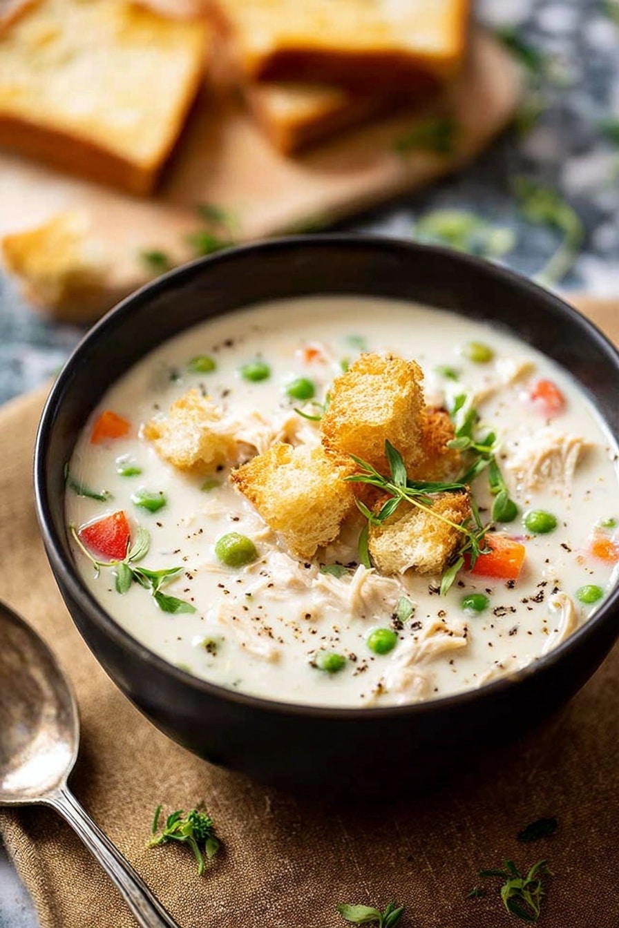 A black bowl sits on a brown textured cloth over a white marbled surface, filled with creamy white soup. The soup has visible green peas, small orange and red vegetable pieces, and white shredded pieces, possibly chicken. On top, there are golden croutons and fresh green herb sprigs scattered. A silver spoon lies to the left of the bowl, and in the blurred background, there are toasted bread triangles on a light wooden surface. photo taken with an iphone --ar 2:3 --v 7 - Homemade Cream of Chicken Soup, homemade chicken soup, easy chicken soup recipe, comforting homemade soup, creamy chicken soup from scratch