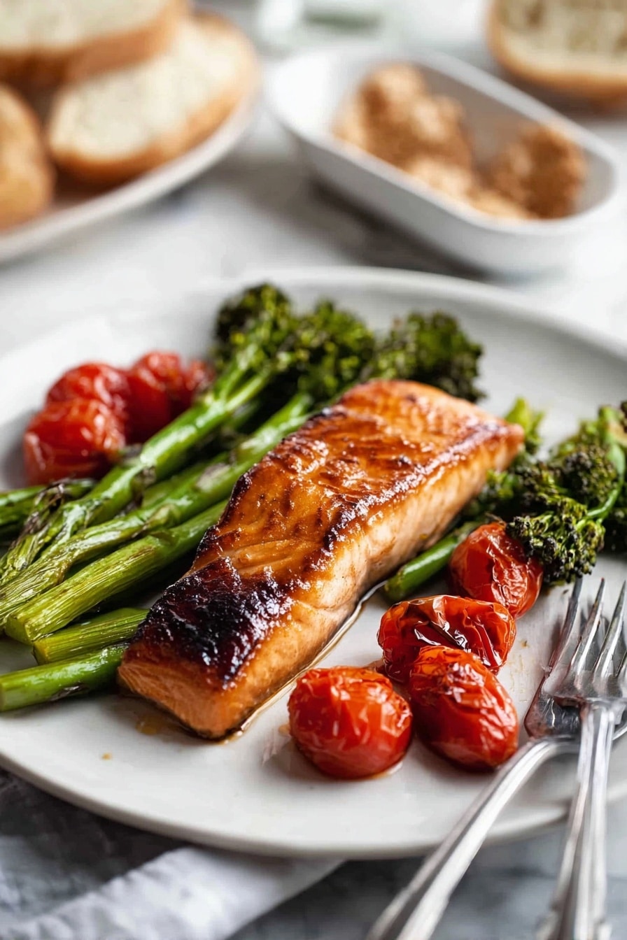 A white plate holds a grilled salmon fillet in the center with a shiny, caramelized brown surface showing grill marks. Underneath and around the salmon are green asparagus and broccolini with a slightly charred texture. Bright red roasted cherry tomatoes, some whole and some halved, are scattered on the plate around the vegetables and fish. A silver fork rests on the right side of the plate, its tip near the salmon. The plate sits on a white marbled surface. In the blurred background, there is a white dish with brown crumbs and some slices of a white baguette. photo taken with an iphone --ar 2:3 --v 7 - Brown Sugar Broiled Salmon with Roasted Vegetables, healthy salmon dinner, quick salmon recipes, caramelized salmon, easy broiled salmon