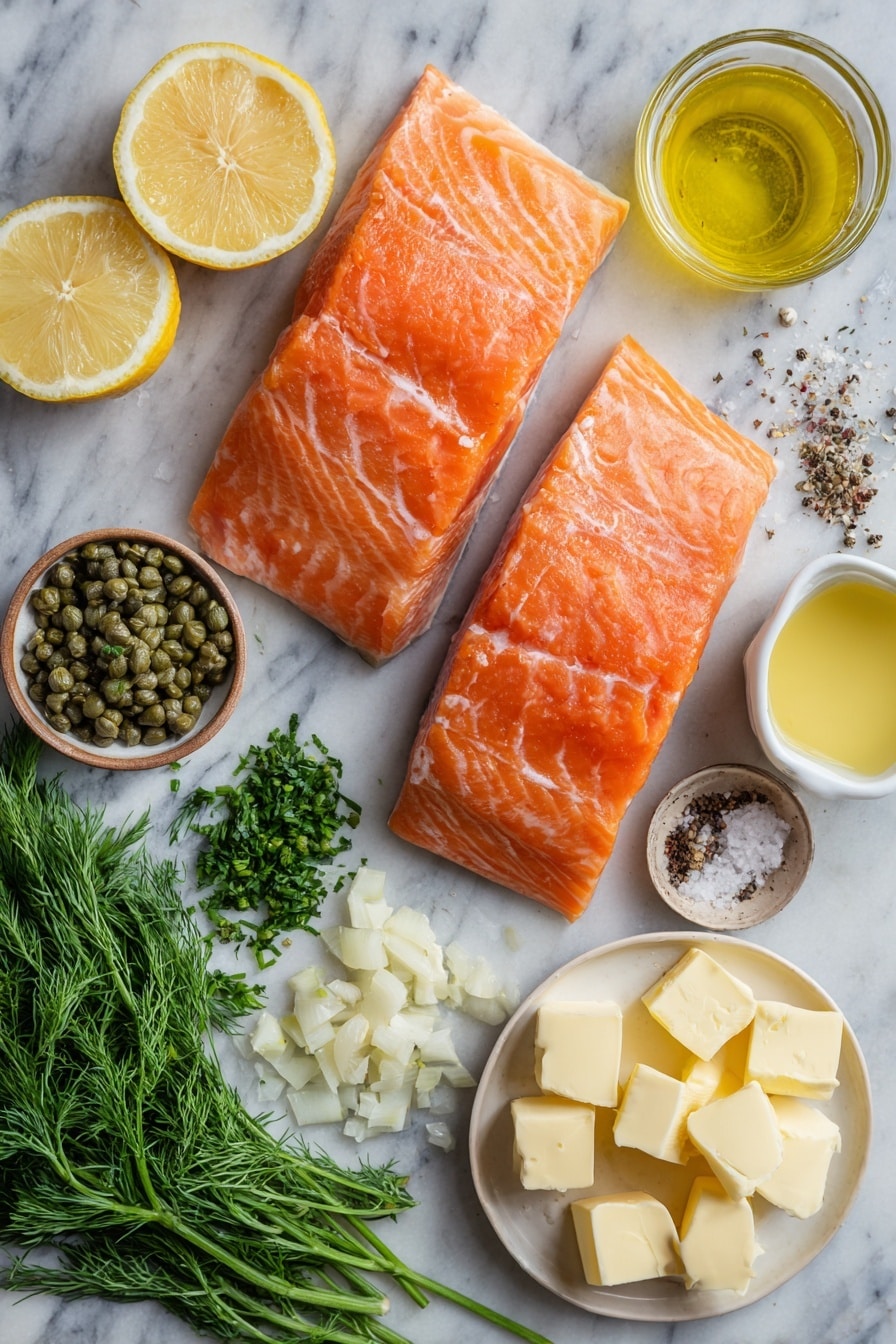 Flat lay of two large skinless salmon fillets, three garlic cloves finely chopped, a small dish of capers, several pieces of cold unsalted butter cut into cubes, a small bowl of chicken broth, a quarter glass of white wine, a lemon sliced showing zest and juice, a small pile of fresh chopped dill and parsley, salt and black pepper scattered artistically, placed on a white marble surface, photo taken with an iphone --ar 2:3 --v 7 - Salmon Piccata, Lemon Capers Salmon, Easy Salmon Piccata, Quick Salmon Recipes, Bright Flavor Fish Dishes