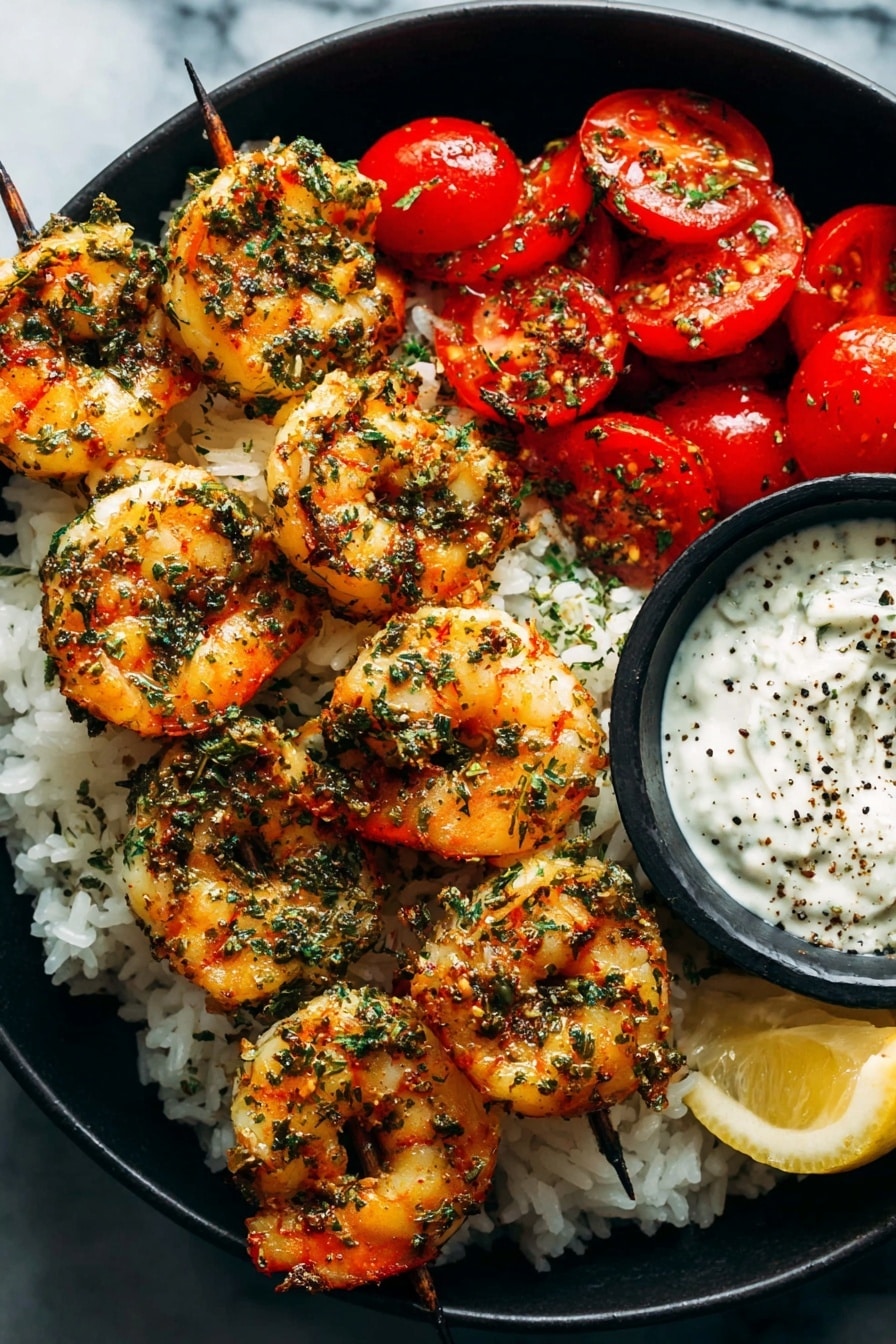 A close-up view of a dish showing six grilled shrimp with a golden-brown color and green herb seasoning on top. The shrimp are arranged in a row on a bed of white rice that looks soft and fluffy, all placed in a white bowl. A small wedge of orange lemon is visible on the side of the bowl. The background has a white marbled texture. Photo taken with an iphone --ar 2:3 --v 7 - Chimichurri Shrimp with Rice and Tzatziki, grilled shrimp with chimichurri sauce, quick shrimp and rice dinner, easy seafood recipes, Mediterranean shrimp dish