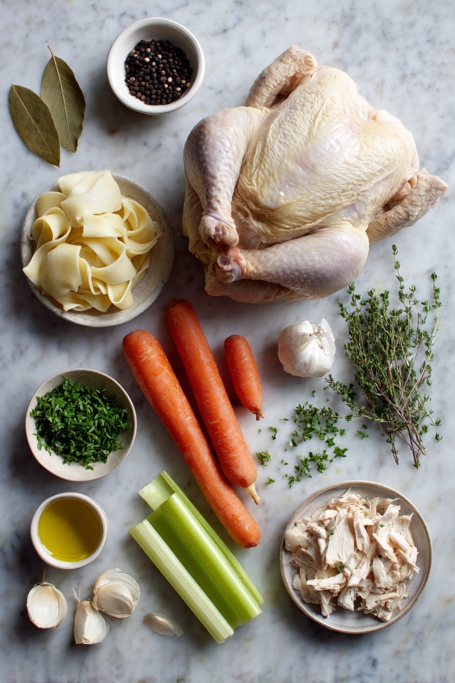 Flat lay of one whole fresh chicken, a halved head of garlic, two whole carrots cut into chunks, two celery ribs in large pieces, two quartered onions, a small bowl of black peppercorns, two bay leaves, four sprigs of thyme, a small dish of olive oil, a few minced garlic cloves, a handful of shredded chicken, a small pile of egg noodles, and a scattering of chopped parsley placed on a white marble surface, photo taken with an iphone --ar 2:3 --v 7 - Homemade Chicken Noodle Soup from Scratch, chicken noodle soup, homemade chicken soup, comforting chicken noodle recipe, fresh chicken soup