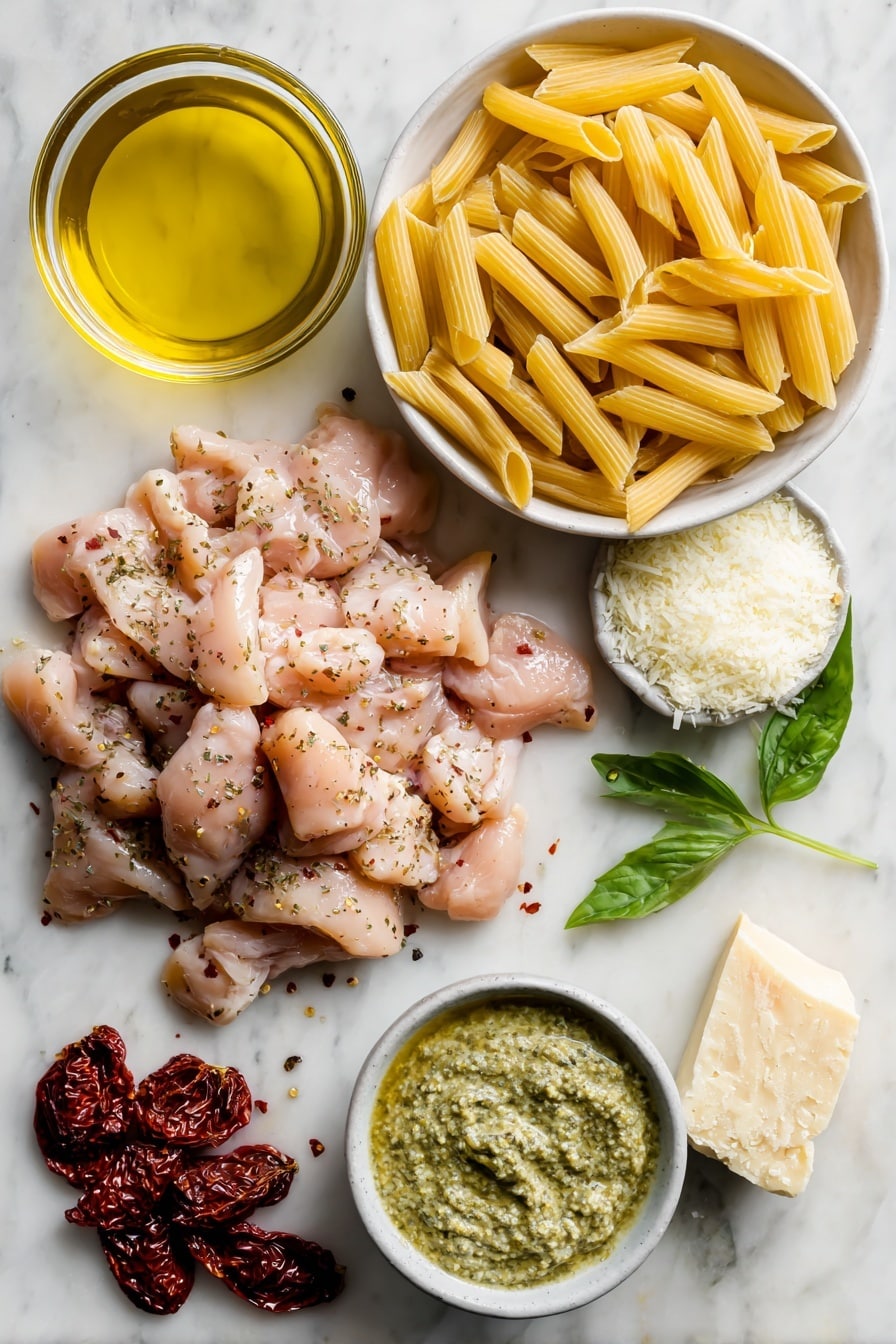 Flat lay of a small pile of boneless skinless chicken breast pieces seasoned with Italian herbs, a handful of uncooked ridged penne pasta, a small shallow dish of golden olive oil, a small bowl of creamy heavy cream, a quarter cup of grated parmesan cheese in a small mound, a small cluster of sun-dried tomatoes, a half cup dollop of vibrant green basil pesto, a few red pepper flakes scattered nearby, and a few fresh torn basil leaves artfully arranged, all placed on a white marble surface, photo taken with an iphone --ar 2:3 --v 7 - Creamy Chicken Pesto Pasta, easy chicken pesto pasta, quick pasta recipes, flavorful chicken pasta, creamy pesto pasta dish