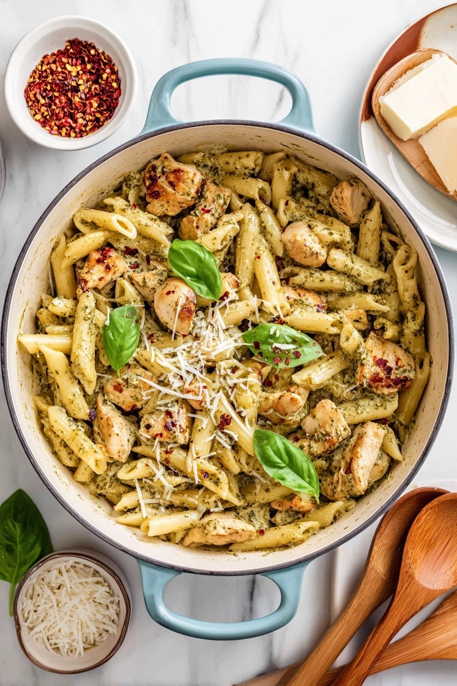 The image shows a large white pot filled with creamy pasta and chunks of chicken mixed with green pesto sauce, with bits of red chili flakes sprinkled on top. The pasta is penne, pale yellow with a smooth texture, and the chicken pieces are golden brown and scattered evenly throughout. Fresh green basil leaves are placed on top as garnish, adding a bright contrast. A few shreds of white Parmesan cheese are sprinkled over the dish. The pot sits on a white marbled surface, surrounded by a small white bowl of red chili flakes with a spoon, a white bowl filled with white rice, and a block of Parmesan cheese. To the right, wooden salad servers rest on a white oval plate. Photo taken with an iphone --ar 2:3 --v 7 - Creamy Chicken Pesto Pasta, easy chicken pesto pasta, quick pasta recipes, flavorful chicken pasta, creamy pesto pasta dish