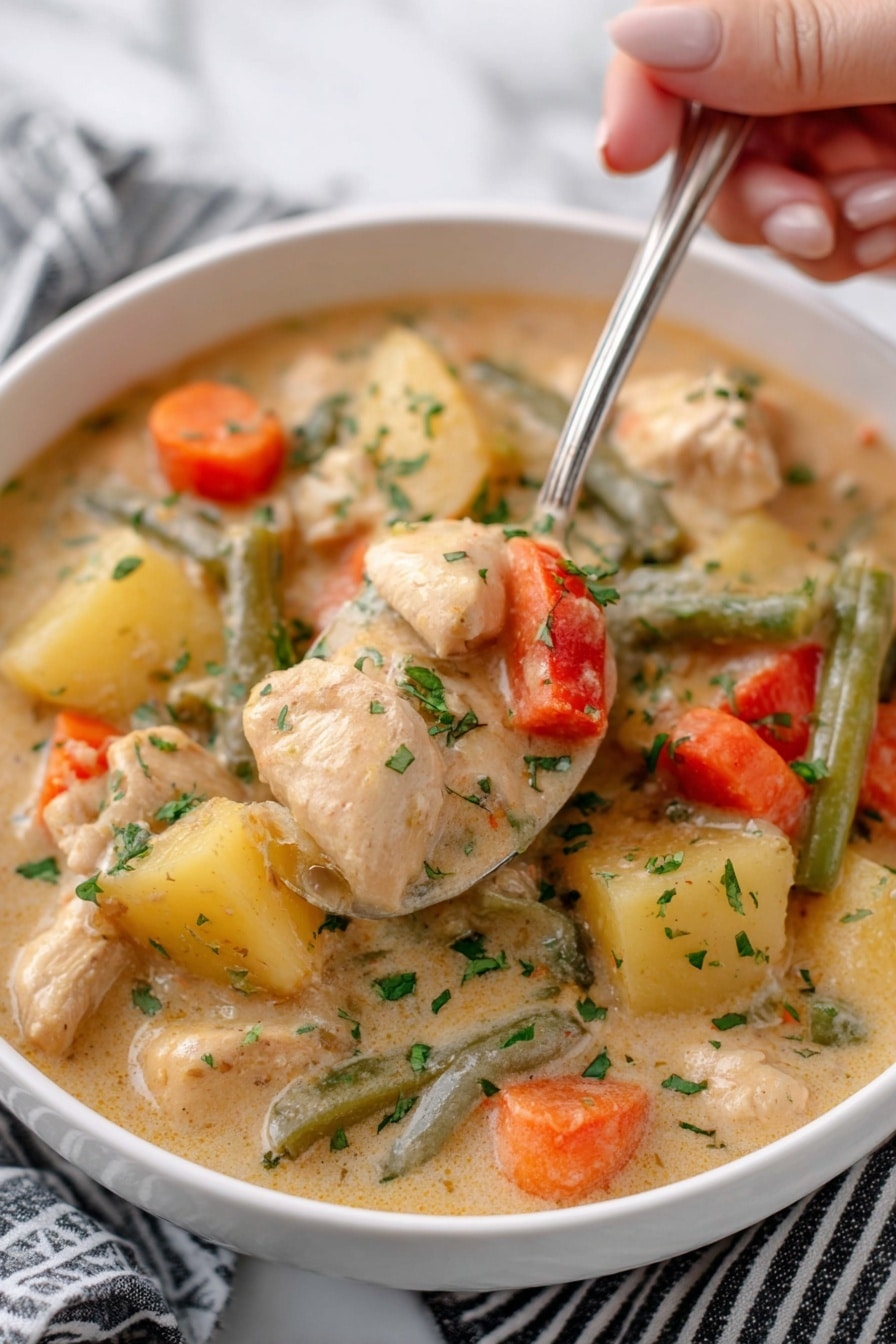 The image shows a close-up of a white bowl filled with creamy chicken stew. The stew has several visible layers: chunks of cooked chicken, orange carrot pieces, green beans, yellow potato cubes, and small bits of red bell pepper. The sauce is light beige, thick, and creamy, coating all the ingredients. The stew is garnished with chopped green herbs scattered on top. A silver ladle is scooping up a mix of chicken, vegetables, and sauce, held by a woman's hand. The background is a white marbled surface with a black and white striped cloth partly visible under the bowl. photo taken with an iphone --ar 2:3 --v 7 - Hearty Chicken and Root Vegetable Stew, Chicken and Root Vegetable Stew, Comfort Food Stew, Nourishing Chicken Stew Recipe, Cozy Root Vegetable Soup