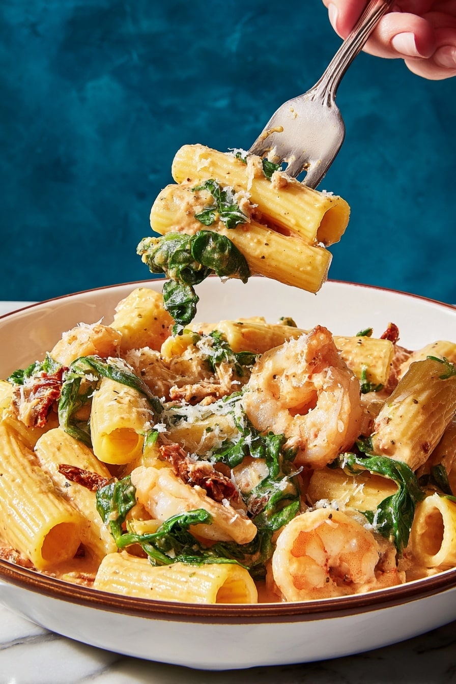 The dish is a bowl of rigatoni pasta mixed with cooked shrimp and spinach, all covered in a creamy orange sauce. The rigatoni is tubular with ridges, light yellow with the sauce coating them. The shrimp are plump and pale pink, scattered evenly throughout the pasta. The fresh green spinach leaves add color and texture, some folded into the pasta. Small pieces of what looks like sundried tomatoes are mixed in, giving a reddish contrast. The dish is sprinkled with a light layer of grated cheese on top. A woman's hand holding a silver fork lifts some pasta and spinach above the bowl. The bowl is white with a thin brown rim, resting on a white marbled surface with a blue background. Photo taken with an iphone --ar 2:3 --v 7 - Marry Me Shrimp Pasta, shrimp pasta with sun-dried tomato sauce, creamy shrimp pasta recipe, easy shrimp seafood pasta, romantic pasta dinner ideas