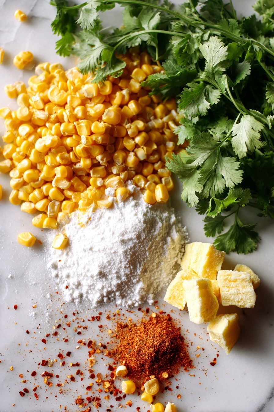 Flat lay of fresh yellow corn kernels, bright green cilantro leaves, vibrant lime zest, golden butter chunks, and a small mound of white cornstarch powder, with a sprinkle of red cayenne pepper flakes scattered artfully, all placed on a white marble surface, photo taken with an iphone --ar 2:3 --v 7 - Cilantro-Lime Instant Pot Creamed Corn, creamy corn side dish, easy Instant Pot corn recipe, flavorful creamed corn recipe, zesty lime cilantro corn