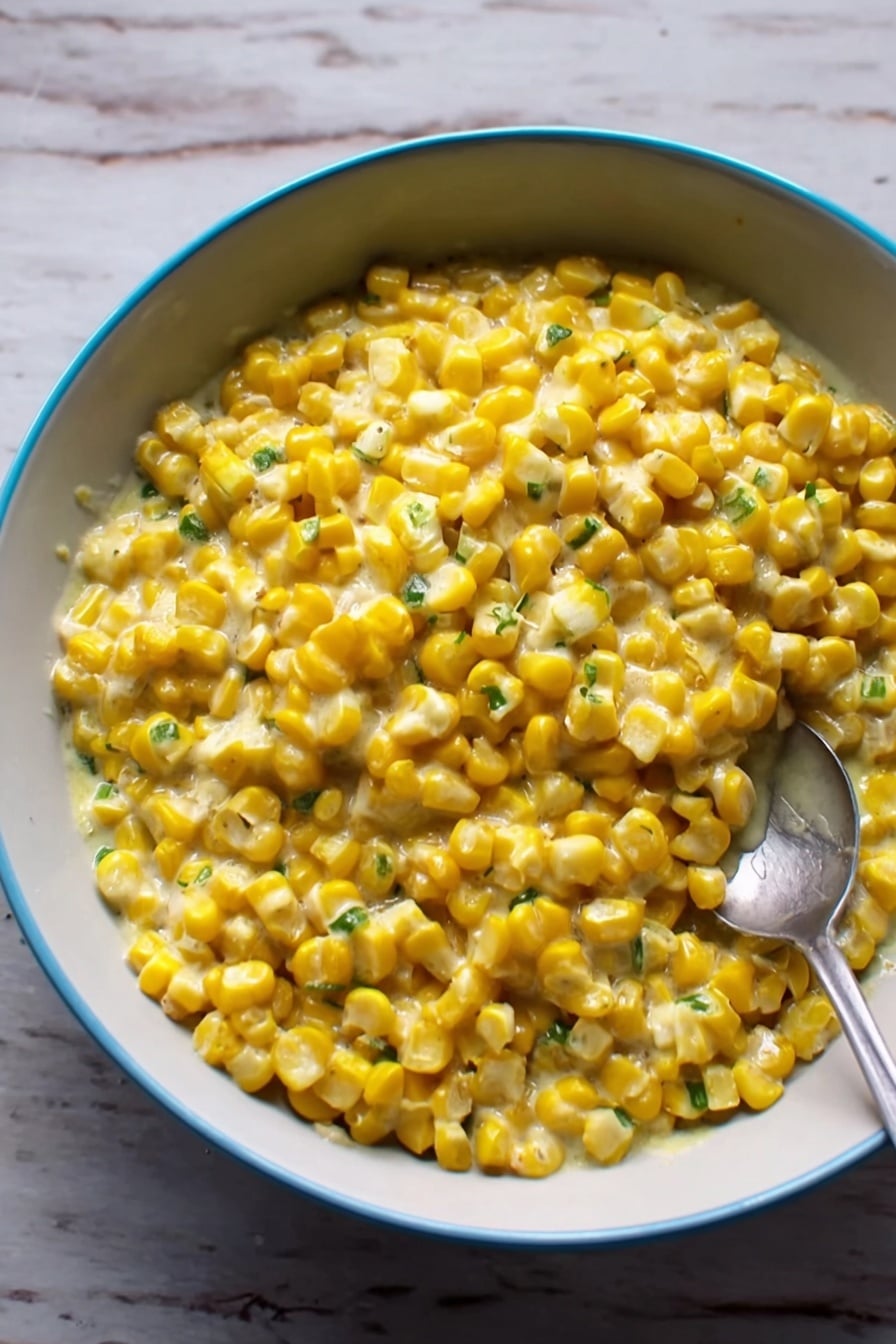 A bowl filled with cooked yellow corn kernels mixed in a creamy sauce with small green herb pieces, the bowl is white with a light blue rim, and a spoon resting inside slightly on the right side. The bowl sits on a white marbled surface. photo taken with an iphone --ar 2:3 --v 7 - Cilantro-Lime Instant Pot Creamed Corn, creamy corn side dish, easy Instant Pot corn recipe, flavorful creamed corn recipe, zesty lime cilantro corn