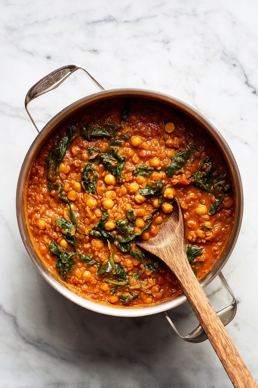 A top view of a large silver pot filled with a thick stew made of red lentils, chickpeas, and small pieces of leafy greens mixed in a rich reddish-orange sauce. A rustic wooden spoon rests inside the pot on the right side, partially covered in the stew. The pot is placed on a dark wooden surface with visible grain and texture. photo taken with an iphone --ar 2:3 --v 7 - Harira Moroccan Lentil and Chickpea Soup with Warm Spices, Moroccan Lentil Soup, Spiced Moroccan Soup, Healthy Moroccan Soup Recipes, Hearty Lentil and Chickpea Soup