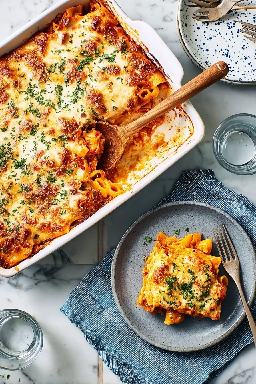 The image shows a large white baking dish filled with baked pasta topped with a golden, slightly browned cheese layer that is sprinkled with green herbs. A wooden spoon with a light brown handle is scooping some pasta from the dish. Next to the dish, on a white marbled surface with a blue and white textured cloth underneath, there is a grey plate holding a square piece of the pasta bake, showing layers of orange pasta, red sauce, melted cheese, and green herbs on top. A metal fork rests beside the plate and a clear glass of water is nearby. In the background, a white plate with blue speckles and a fork sit on the white marbled surface. photo taken with an iphone --ar 2:3 --v 7 - Easy Baked Ziti with Spicy Sausage and Creamy Cheese, hearty pasta bake with sausage and cheese, cheesy baked ziti italian casserole, comfort food baked ziti recipe, quick sausage pasta casserole