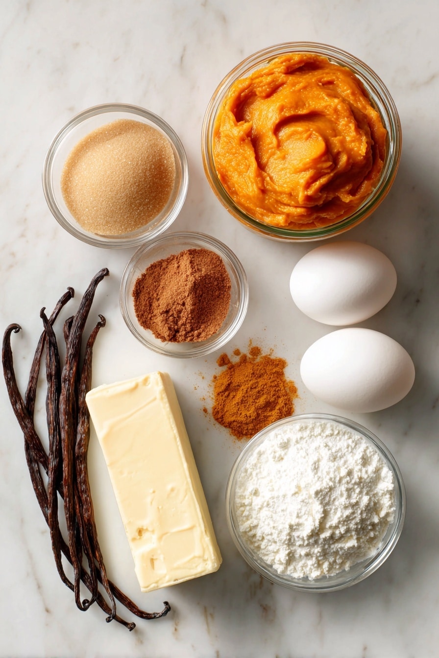 Flat lay of bright orange pumpkin purée in a glass jar, a small mound of warm brown sugar, a stick of creamy unsalted butter, two large fresh eggs, a block of smooth cream cheese, a pile of sifted white confectioners’ sugar, golden pumpkin pie spice scattered artistically, and vanilla beans arranged neatly, placed on a white marble surface, photo taken with an iphone --ar 2:3 --v 7 - Easy Pumpkin Whoopie Pies, Pumpkin Whoopie Pies, Fall Cookie Recipes, Pumpkin Dessert Ideas, Easy Autumn Treats
