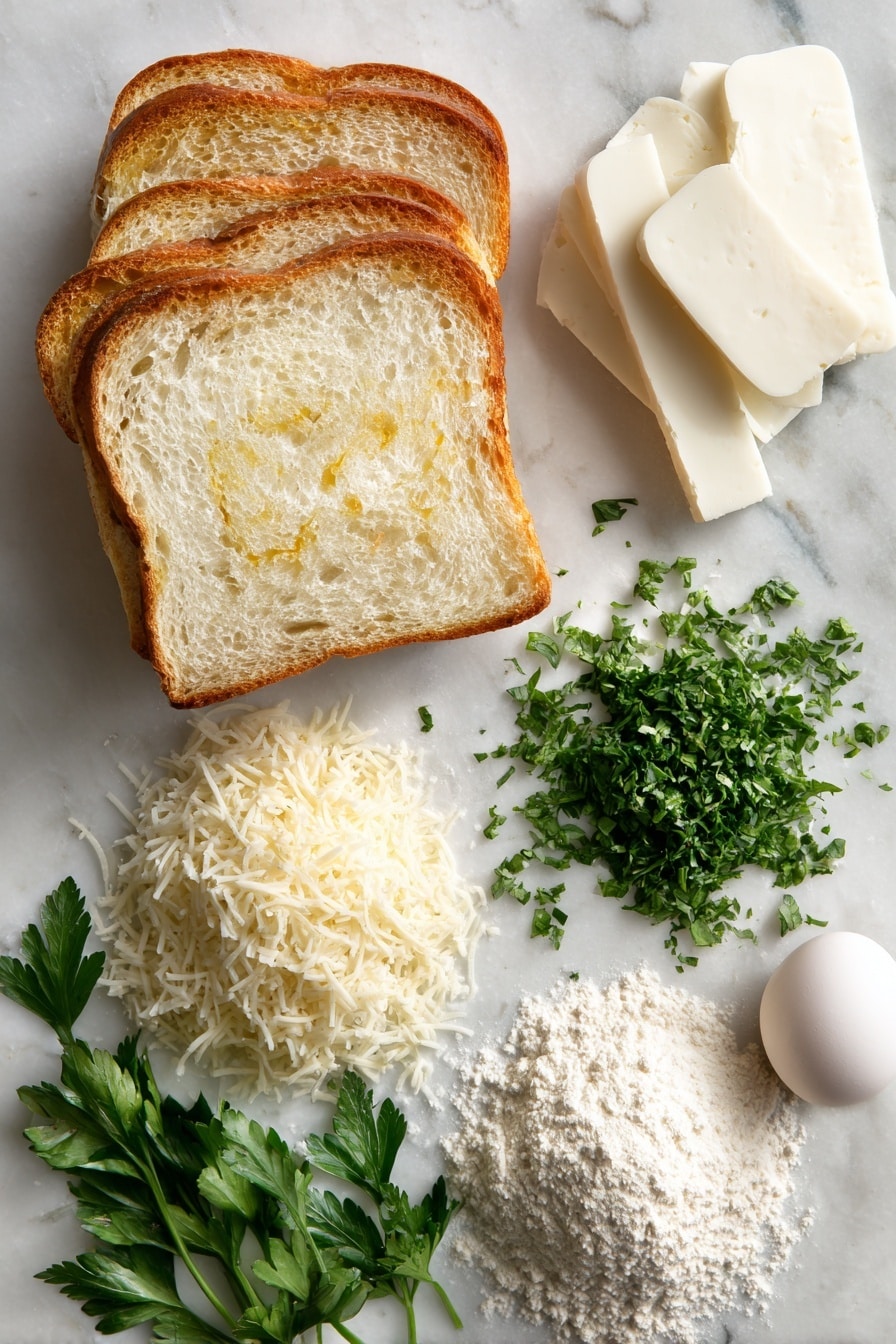 Flat lay of thick white bread slices with crusts removed, thick quarter-inch mozzarella cheese slices stacked neatly, a small pile of beaten eggs with flecks of chopped fresh parsley, a heap of finely grated Pecorino Romano cheese, a small mound of all-purpose flour dusted lightly, and fresh sprigs of bright green parsley leaves, placed on a white marble surface, photo taken with an iphone --ar 2:3 --v 7 - Mozzarella en Carrozza, Italian grilled cheese, crispy mozzarella sandwich, fried mozzarella toast, cheesy Italian snack