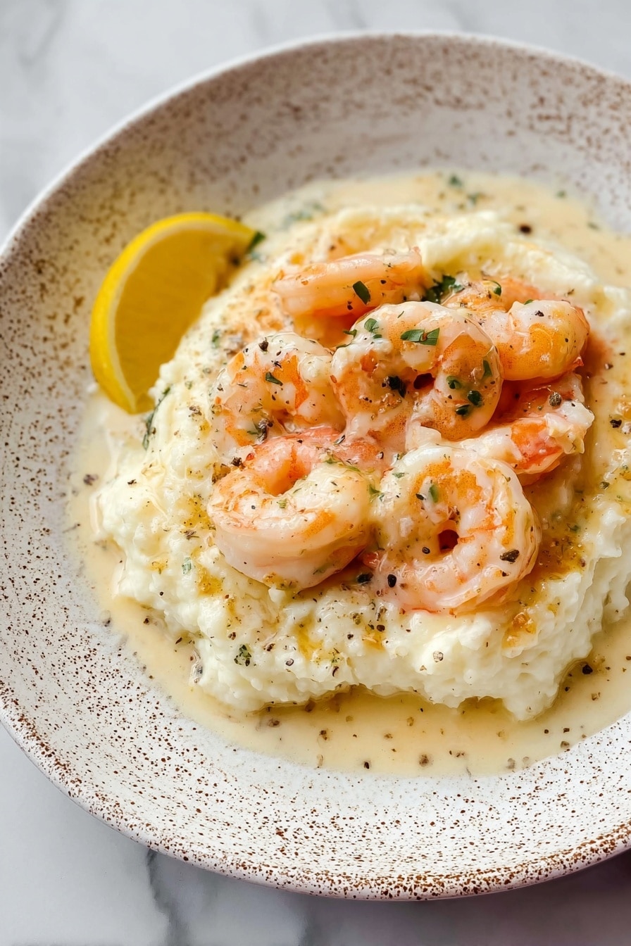 A silver pan filled with creamy white sauce that covers most of the pan's bottom, topped with light pink cooked shrimp scattered evenly, some sprinkled with small green herbs. Three bright yellow lemon wedges rest on top of the shrimp and sauce, adding a fresh contrast. The sauce has a smooth texture with small specks of black pepper and herbs throughout. The image is placed on a white marbled surface. photo taken with an iphone --ar 2:3 --v 7 - Creamy Lemon Garlic Parmesan Shrimp, Lemon Garlic Shrimp, Parmesan Shrimp Recipe, Easy Shrimp Dinner, Quick Seafood Recipes