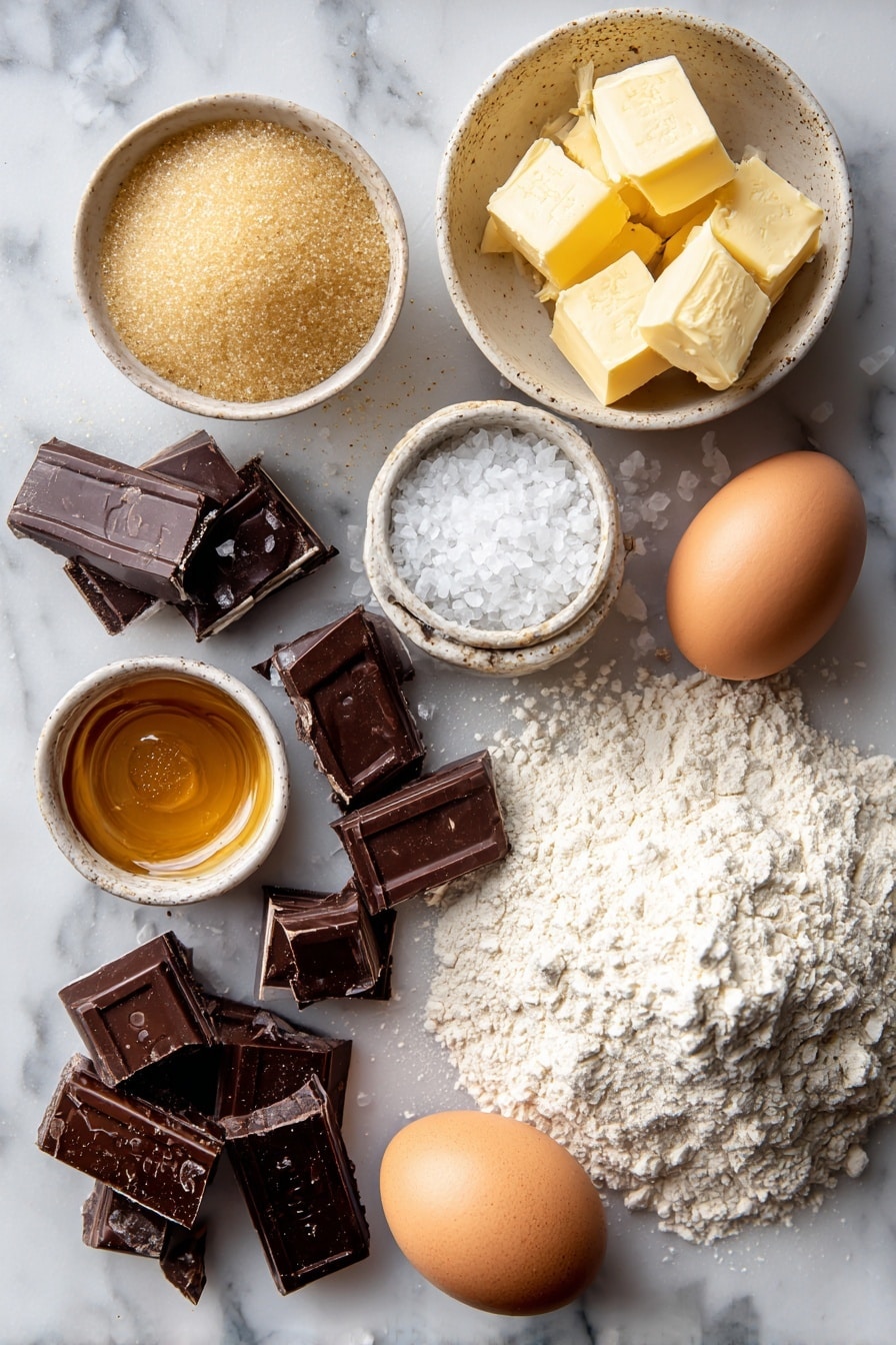 Flat lay of rich golden salted butter chunks, deep dark brown sugar crystals, light golden honey drizzle, smooth vanilla beans, plump large fresh egg, rustic coarse all-purpose flour mound, glossy dark chocolate chunks, and delicate flakes of sea salt, all beautifully arranged in an inviting pattern placed on a white marble surface, photo taken with an iphone --ar 2:3 --v 7 - The BEST Chocolate Chip Cookies Bakery Style, bakery style chocolate chip cookies, homemade chocolate chip cookie recipe, chewy chocolate chip cookies, best chocolate chip cookie recipe