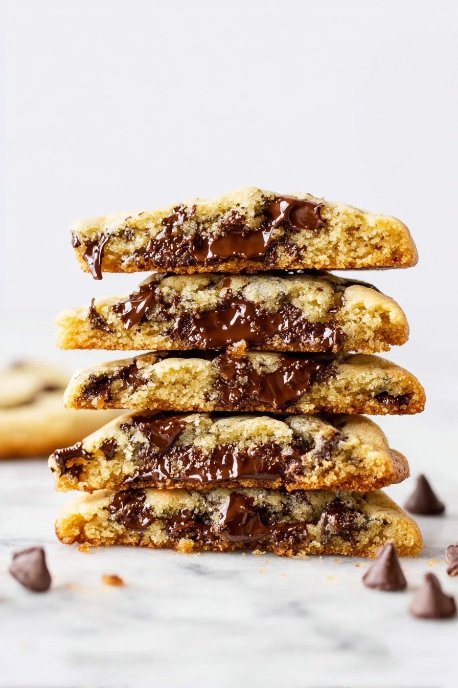 A stack of five chocolate chip cookie halves is shown upright on a white marbled surface, with each cookie layer visible in detail. The cookies are golden brown with a soft texture and are filled with melted dark chocolate chips that spread unevenly through each layer. The top cookie is slightly rounded with gooey chocolate chunks, and the sides of each cookie reveal crumbly edges. Scattered chocolate chips lie around the base of the stack. The background is plain white, making the cookies the main focus. Photo taken with an iphone --ar 2:3 --v 7 - Bakery Style Chocolate Chip Cookies, Thick Chewy Chocolate Chip Cookies, Easy Bakery Cookies, Perfect Chocolate Chip Cookies, Soft and Crispy Cookie Recipe