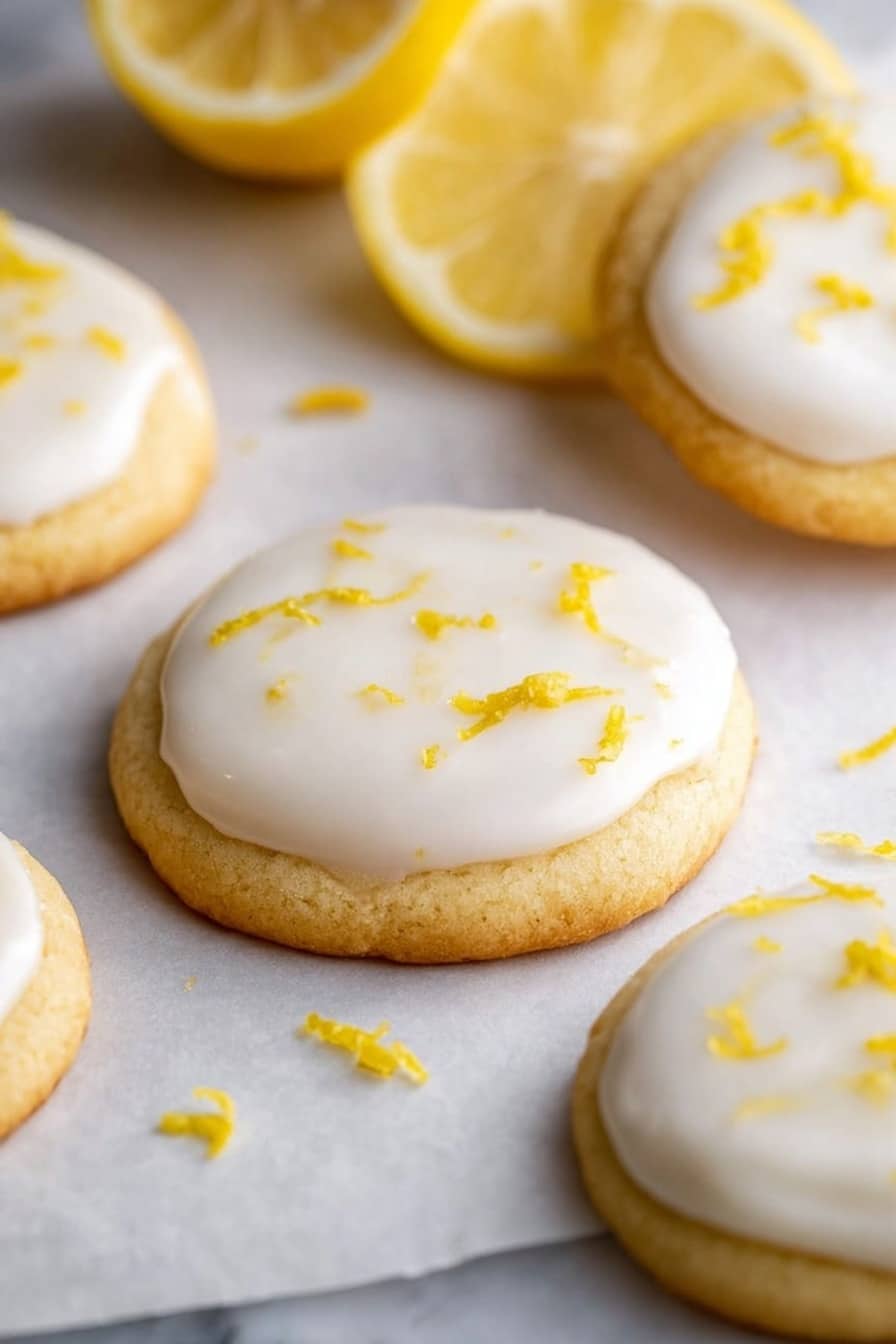 The image shows round soft cookies on white parchment paper over a white marbled surface. Each cookie has two layers: a pale golden soft cookie base and a smooth white icing layer on top, which looks glossy and slightly thick. Small bright yellow lemon zest pieces are scattered on the icing and around the cookies. In the background, there are two halves of a yellow lemon, adding color and context to the scene. The lighting is soft and bright, emphasizing the texture and freshness of the cookies and lemon. photo taken with an iphone --ar 2:3 --v 7 - Lemon Meltaway Cookies, citrus cookies recipe, lemon cookies with glaze, tender lemon cookies, easy lemon cookies
