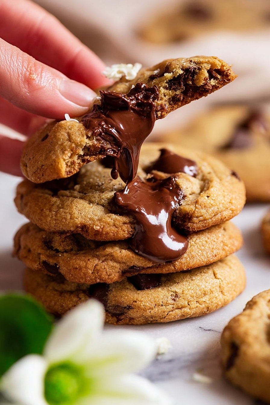 A close-up view of a stack of soft, golden brown chocolate chip cookies resting on a white marbled surface, with the top cookie being held and pulled apart by a woman's hand, revealing melted, smooth dark chocolate flowing out from the center. The cookies have a slightly crumbly texture with visible shiny chocolate chips embedded on the surface. A blurred green and white flower decoration sits in the foreground, adding a soft touch to the warm, inviting scene. photo taken with an iphone --ar 2:3 --v 7 - Nutella Stuffed Cookies, chocolate hazelnut cookies, gooey Nutella cookies, easy Nutella cookie recipe, decadent stuffed cookies