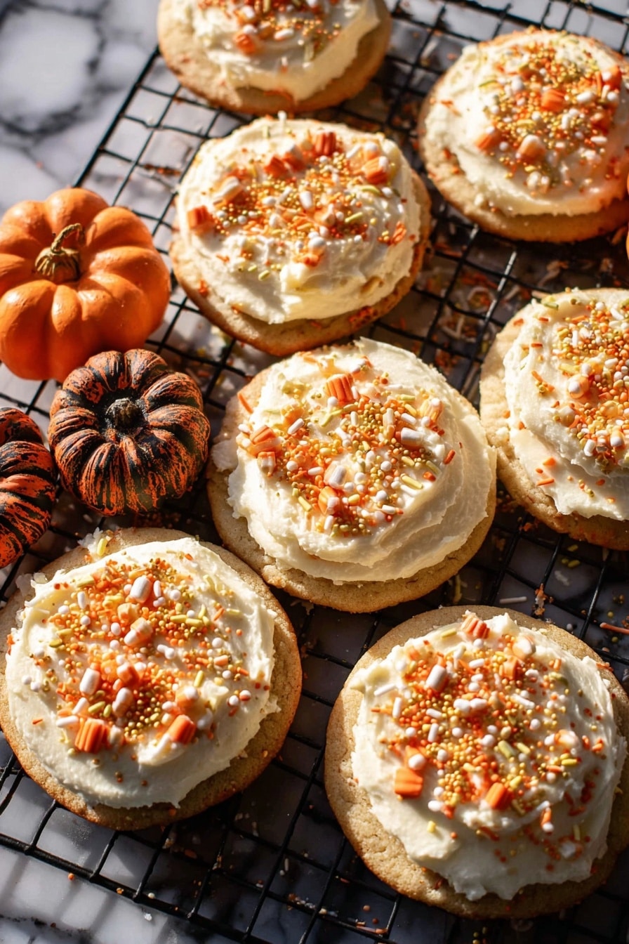 The image shows seven round cookies with a light brown base topped with a thick, creamy layer of white frosting spread unevenly on each cookie. On top of the frosting, there are various small sprinkles in orange, white, and gold, some shaped like mini pumpkins and others like tiny rods or balls, all scattered across the surface. The cookies are placed on a black wire cooling rack, and there are two small decorative pumpkins with dark orange and brown hues positioned among the cookies. The background surface is a white marbled texture. photo taken with an iphone --ar 2:3 --v 7 - Frosted Soft Pumpkin Sugar Cookies, pumpkin spice cookies, fall sugar cookies, pumpkin butter cookies, soft pumpkin cookies with frosting