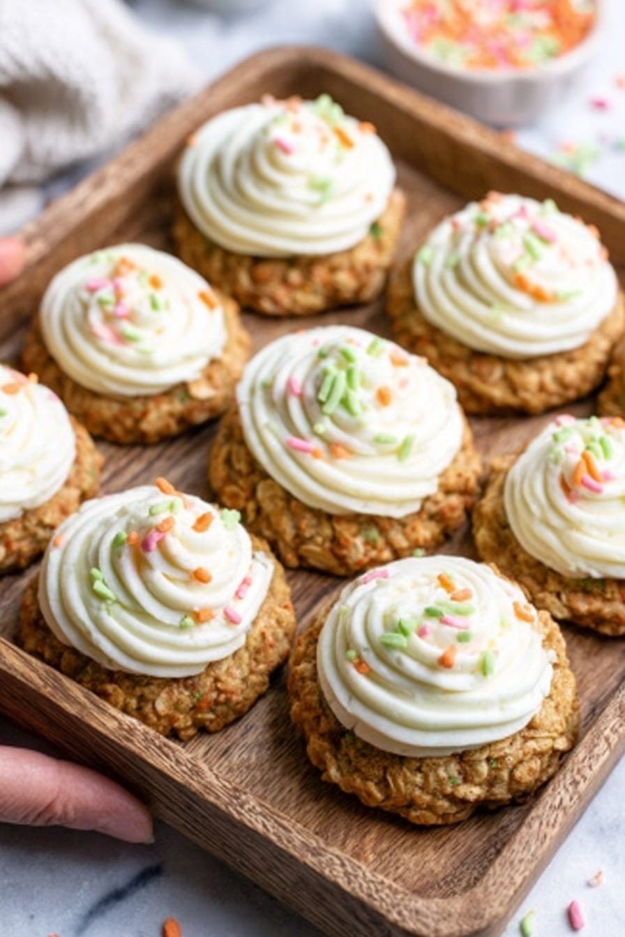 The image shows a wooden tray filled with round oatmeal cookies, each topped with a thick swirl of white frosting. The frosting is smooth and creamy, decorated with small colorful sprinkle bits in light green, orange, and pink. The cookies have a rough, bumpy texture with visible oats and a golden-brown color. The background is a white marbled surface, and a woman's hand is holding the tray from one side. photo taken with an iphone --ar 2:3 --v 7 - Carrot Cake Cookies, carrot cake cookies recipe, chewy carrot cake cookies, homemade carrot cake cookies, best carrot cake cookies