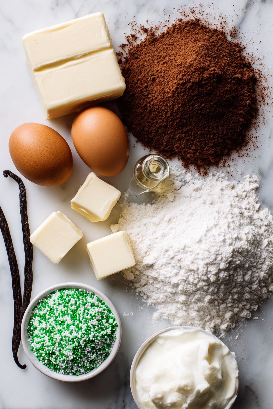 Flat lay of rich unsweetened cocoa powder in a small heap, smooth unsalted butter blocks, two large brown eggs, a mound of white granulated sugar, a vanilla bean pod alongside a small glass vial of vanilla extract, a neat pile of all-purpose flour, and a small bowl of glossy white cookie icing with green sprinkles scattered around, all beautifully arranged on a white marble surface, photo taken with an iphone --ar 2:3 --v 7 - Chocolate Football Cookies, game day cookie ideas, festive chocolate cookies, easy football themed desserts, party cookies for sports fans