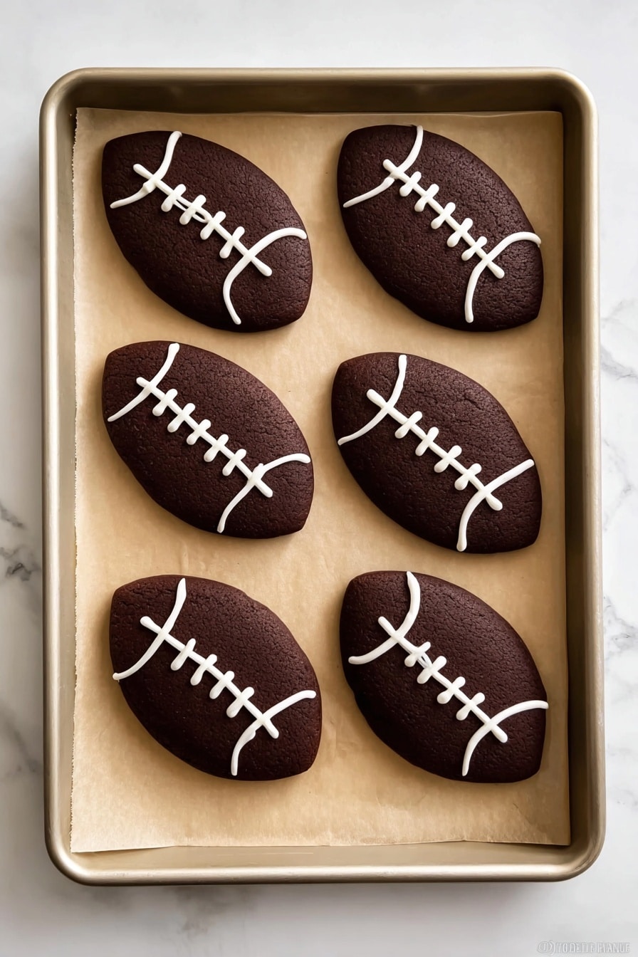 Six dark brown football-shaped cookies lie on light brown parchment paper inside a light-colored baking tray. Each cookie has white icing details: two curved lines near the short ends and five short straight lines crossing a central horizontal line in the middle, resembling football stitches. The tray sits on a white marbled surface. photo taken with an iphone --ar 2:3 --v 7 - Chocolate Football Cookies, game day cookie ideas, festive chocolate cookies, easy football themed desserts, party cookies for sports fans