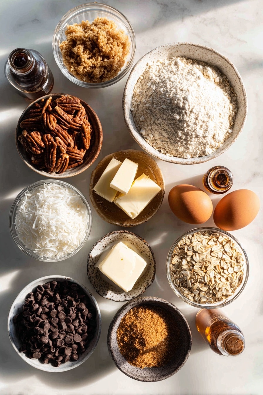 Flat lay of coarsely chopped pecans, sweetened shredded coconut, old-fashioned rolled oats, heaping piles of dark brown sugar and granulated sugar, chunks of softened unsalted butter, large brown eggs, glossy semisweet and milk chocolate chips mixed together, and small glass bottles of vanilla extract and ground cinnamon, all beautifully arranged with natural light and soft shadows, placed on a white marble surface, photo taken with an iphone --ar 2:3 --v 7 - Cowboy Cookies, Cowboy Cookies recipe, homemade Cowboy Cookies, chewy and crunchy cookies, nutty chocolate cookies
