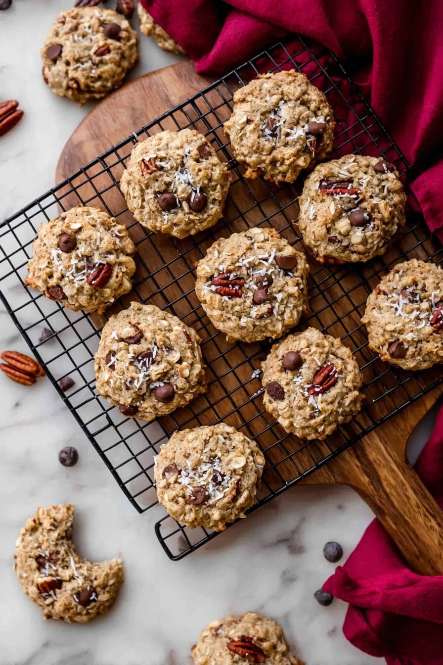 The image shows a group of round oatmeal cookies placed on a black wire cooling rack over a wooden board that rests on a white marbled surface. Each cookie is light brown with a rough, chewy texture and is topped with dark brown chocolate chips, small bits of pecans, and white coconut flakes sprinkled across them. One cookie in the bottom left corner has a bite taken from it revealing the inside. A deep red cloth is partly visible in the top right corner, adding a warm contrast to the scene. Small pieces of broken pecans and scattered chocolate chips can be seen around the cookies adding more detail. photo taken with an iphone --ar 2:3 --v 7 - Cowboy Cookies, Cowboy Cookies recipe, homemade Cowboy Cookies, chewy and crunchy cookies, nutty chocolate cookies