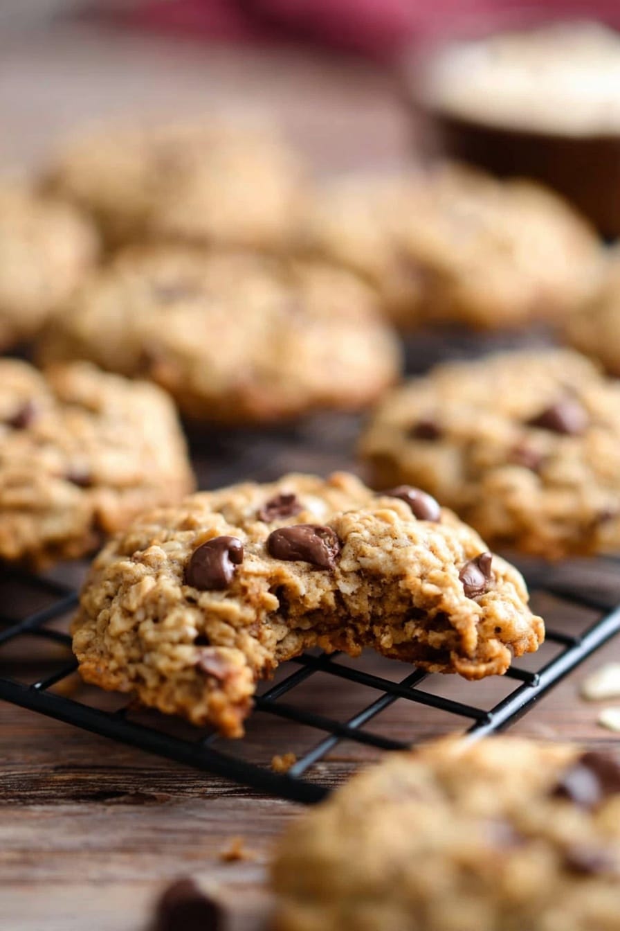 A close-up image of several oatmeal cookies with chocolate chips resting on a black wire cooling rack over a wooden surface, with one cookie in the front partially eaten showing its dense, chewy texture inside, light golden brown color, and visible oats and chocolate chips on top; the background is softly blurred, highlighting the cookies. photo taken with an iphone --ar 2:3 --v 7 - Cowboy Cookies, Cowboy Cookies recipe, homemade Cowboy Cookies, chewy and crunchy cookies, nutty chocolate cookies