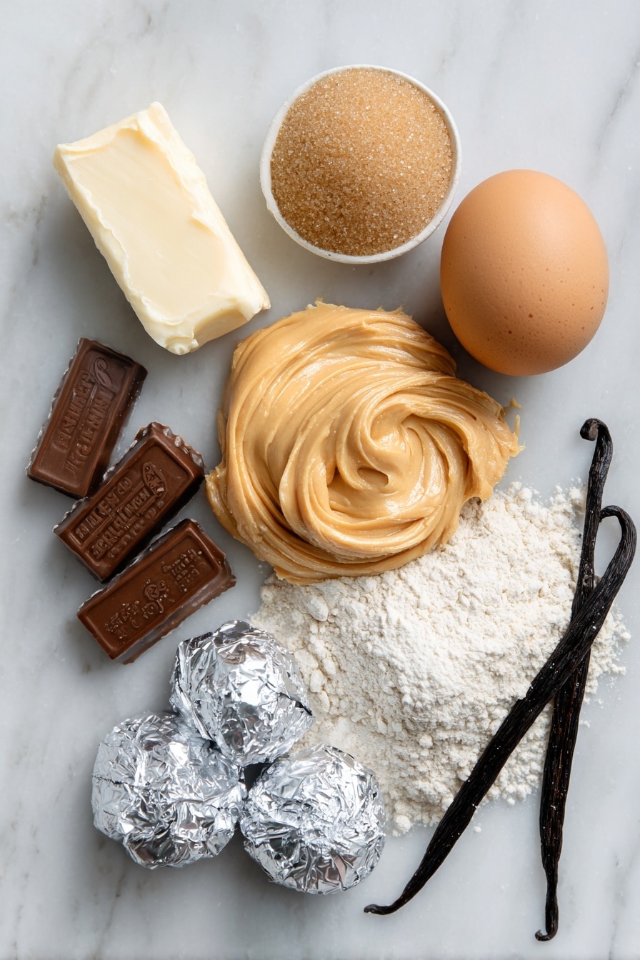 Flat lay of creamy peanut butter smooth and rich in texture, softened unsalted butter with a pale yellow hue, granulated sugar sparkling like tiny crystals, packed light brown sugar with its deep caramel color, a single large egg with a smooth shell, vanilla beans split open to reveal tiny black seeds, all-purpose flour in a small neat pile showing its fine texture, and unwrapped Hershey’s chocolate kisses with their shiny silver foil partially peeled back, placed on a white marble surface, photo taken with an iphone --ar 2:3 --v 7 - Peanut Butter Blossoms, peanut butter chocolate cookies, classic cookies with chocolate kisses, easy peanut butter cookies, holiday cookie recipes