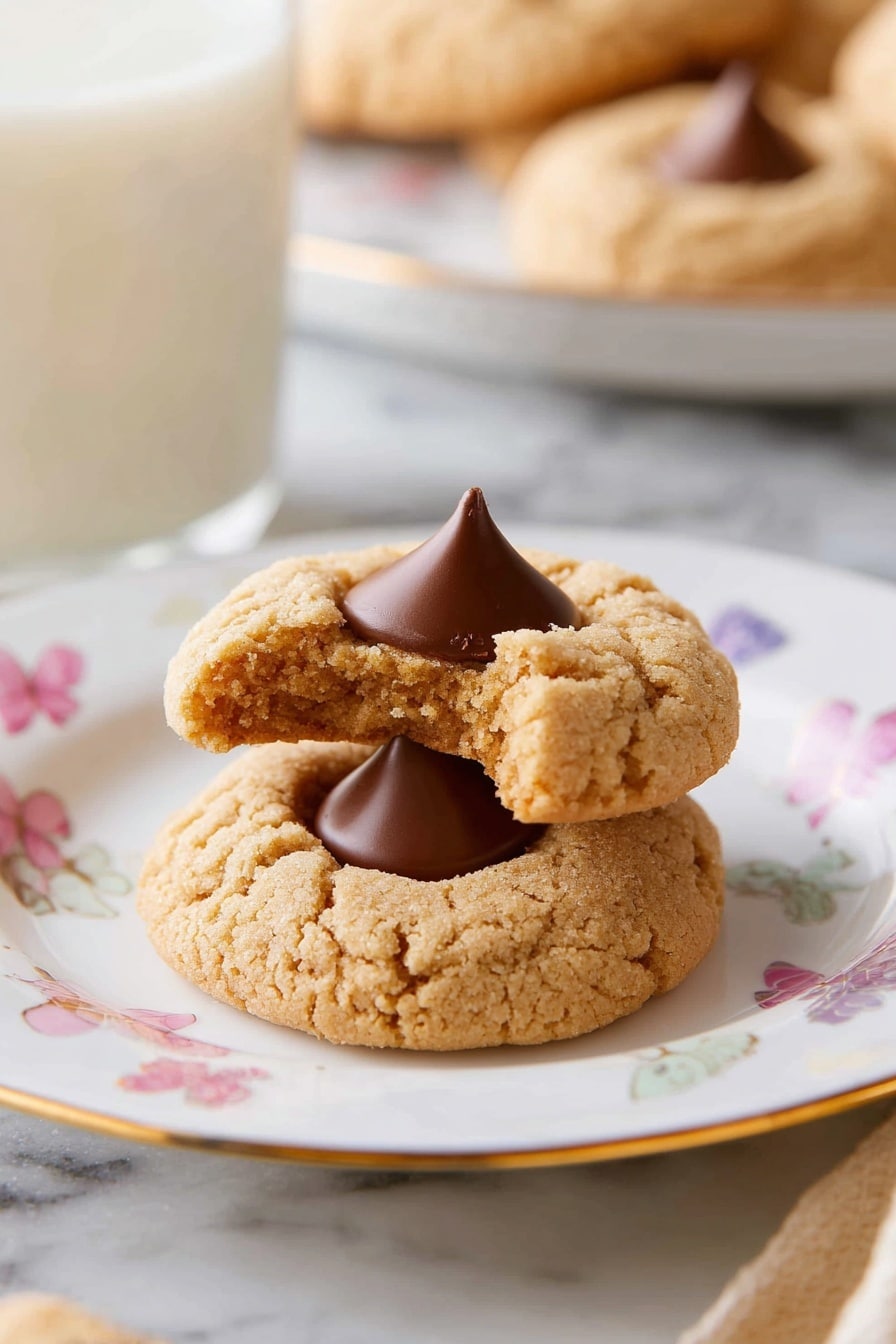 Two round peanut butter cookies with a cracked, slightly crumbly light brown surface sit stacked on a white plate decorated with small colorful butterflies and a thin gold rim; the cookie on top has a bite taken out of it, revealing a soft inside, and both cookies have a large, smooth, dark brown chocolate kiss shape pressed into their centers. In the background, a blurred glass of white milk and another plate with similar cookies are visible, all placed on a white marbled surface. Photo taken with an iphone --ar 2:3 --v 7 - Peanut Butter Blossoms, peanut butter chocolate cookies, classic cookies with chocolate kisses, easy peanut butter cookies, holiday cookie recipes