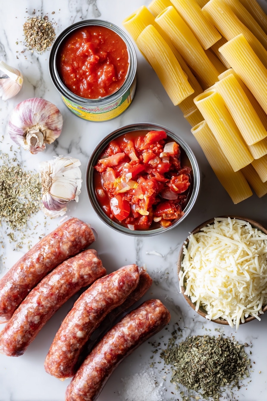Flat lay of Italian sausage links, a small chopped onion, several garlic cloves, a can of crushed tomatoes opened to show the rich red sauce, diced tomatoes spilling slightly from an opened can, scattered dried Italian seasoning herbs including oregano and basil, a pile of uncooked ziti pasta tubes, and a small mound of shredded mozzarella cheese, all beautifully arranged with natural lighting and fresh, vibrant colors, placed on a white marble surface, photo taken with an iphone --ar 2:3 --v 7 - Slow Cooker Baked Ziti, easy baked ziti, crockpot pasta recipes, comforting pasta dishes, one-pot ziti