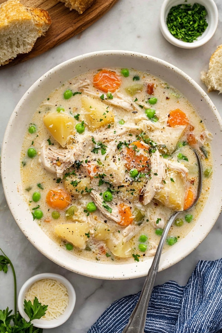 A white bowl filled with creamy chicken soup sits on a white marbled surface. The soup has layers of white shredded chicken, bright orange carrot slices, and vibrant green peas mixed with chunks of pale potatoes, all covered in a thick, light beige broth. There are small bits of green herbs sprinkled on top for color. A silver spoon rests inside the bowl with some soup on it. Around the bowl, there are white small dishes holding grated cheese and green chopped herbs, along with fresh parsley on the side and a piece of bread placed on a wooden surface. A blue and white striped cloth is partially visible near the bowl. Photo taken with an iphone --ar 2:3 --v 7 - Slow Cooker Garlic Parmesan Chicken Stew, easy chicken stew recipes, creamy garlic chicken, hearty slow cooker meals, comforting chicken stew