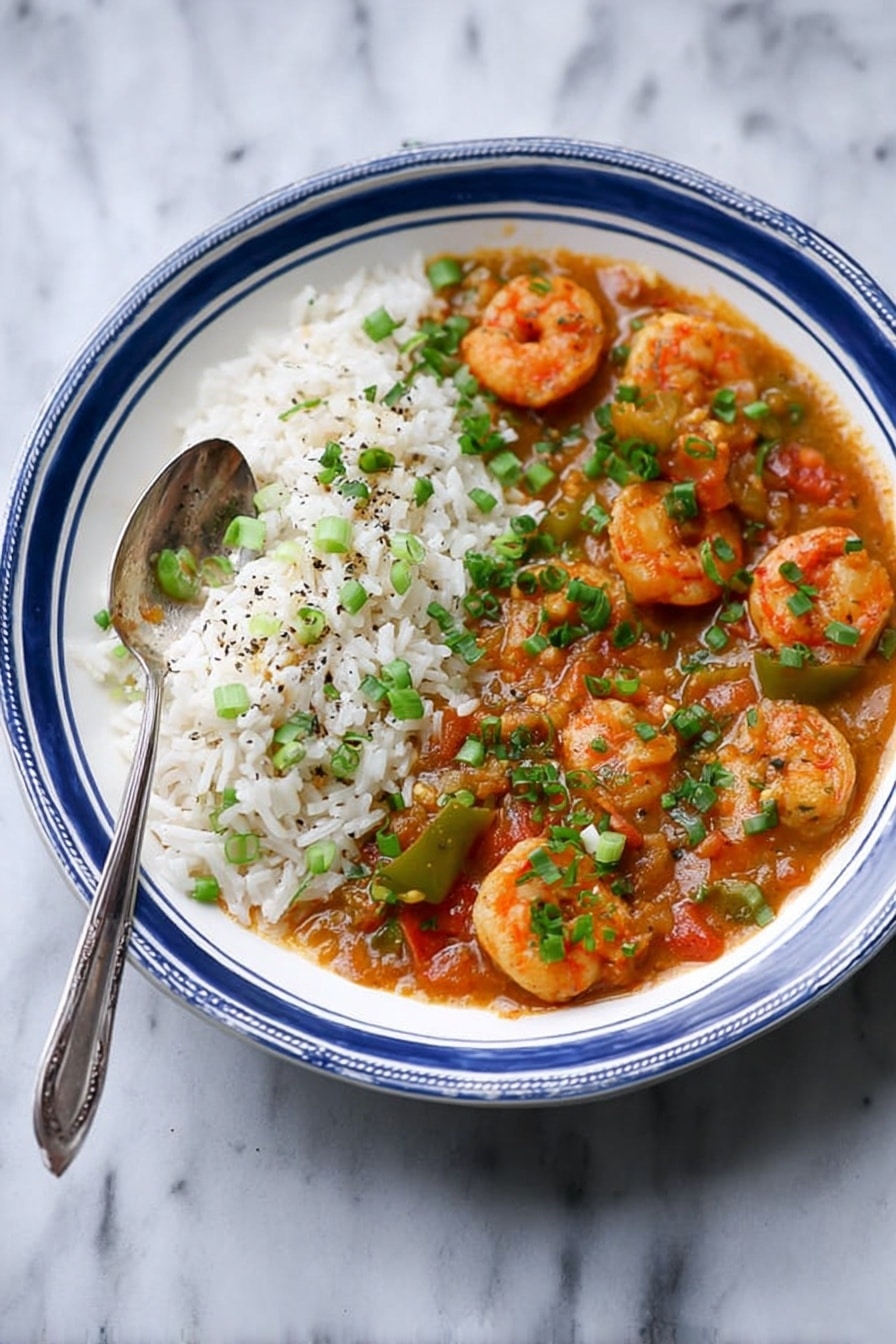 A white bowl with a blue rim holds a dish separated into two parts: on the left side, there is a layer of white rice, sprinkled with small green onion pieces and black pepper, and on the right side, a thick orange-brown shrimp stew with visible whole shrimp, slices of green bell pepper, and tomato chunks, topped with chopped green onions and herbs. A silver spoon rests on the rice, partly submerged. The bowl is placed on a white marbled surface. Photo taken with an iphone --ar 2:3 --v 7 - New Orleans Gumbo with Shrimp and Sausage, gumbo recipe, authentic Louisiana gumbo, shrimp and sausage gumbo, hearty seafood and sausage stew