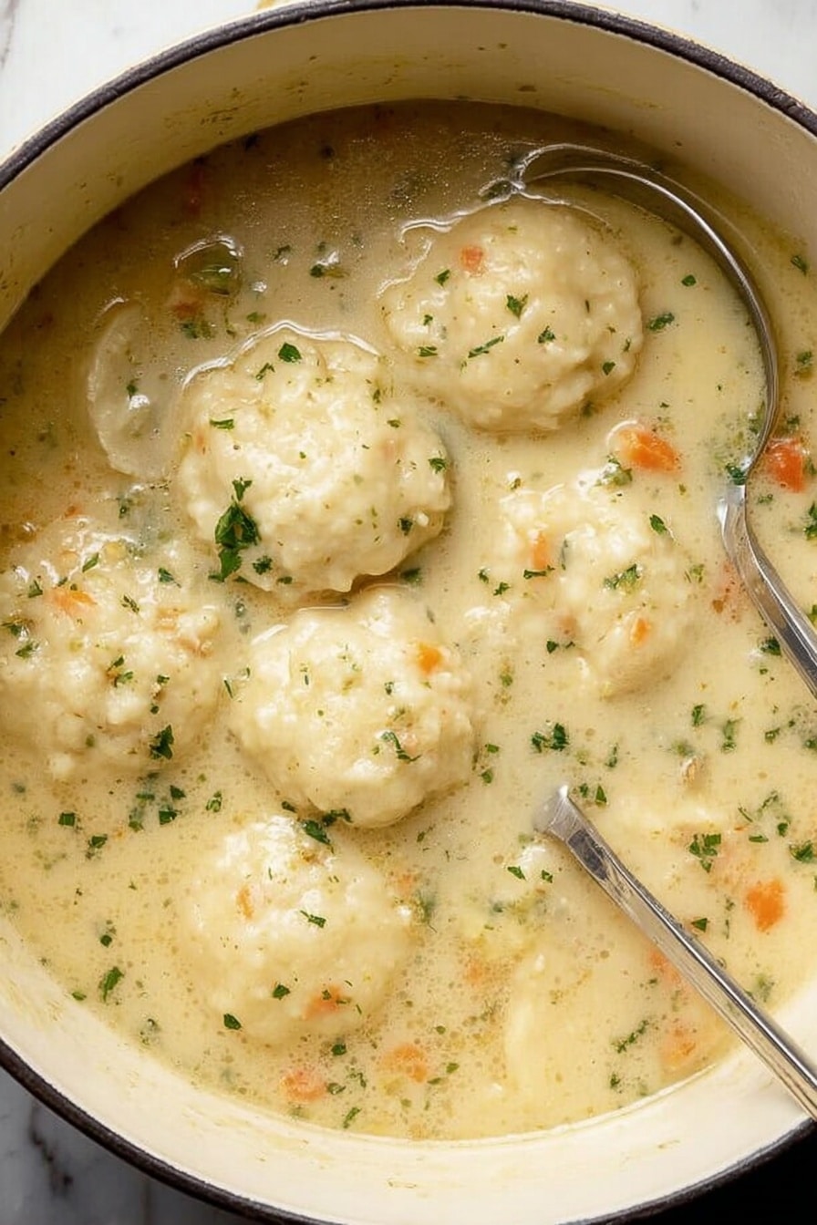 The image shows a white pot filled with a creamy soup that has large, round, pale dumplings floating on the surface. The soup is light beige with small green herbs and tiny orange vegetable pieces scattered throughout. There are two silver spoons placed inside the pot, partially submerged in the soup. The texture of the dumplings looks soft and slightly lumpy, and the broth appears thick and smooth. The background is a white marbled surface. photo taken with an iphone --ar 2:3 --v 7 - Easy Homemade Chicken and Dumplings, chicken and dumplings, comforting chicken dish, 6-ingredients chicken recipe, homemade chicken stew