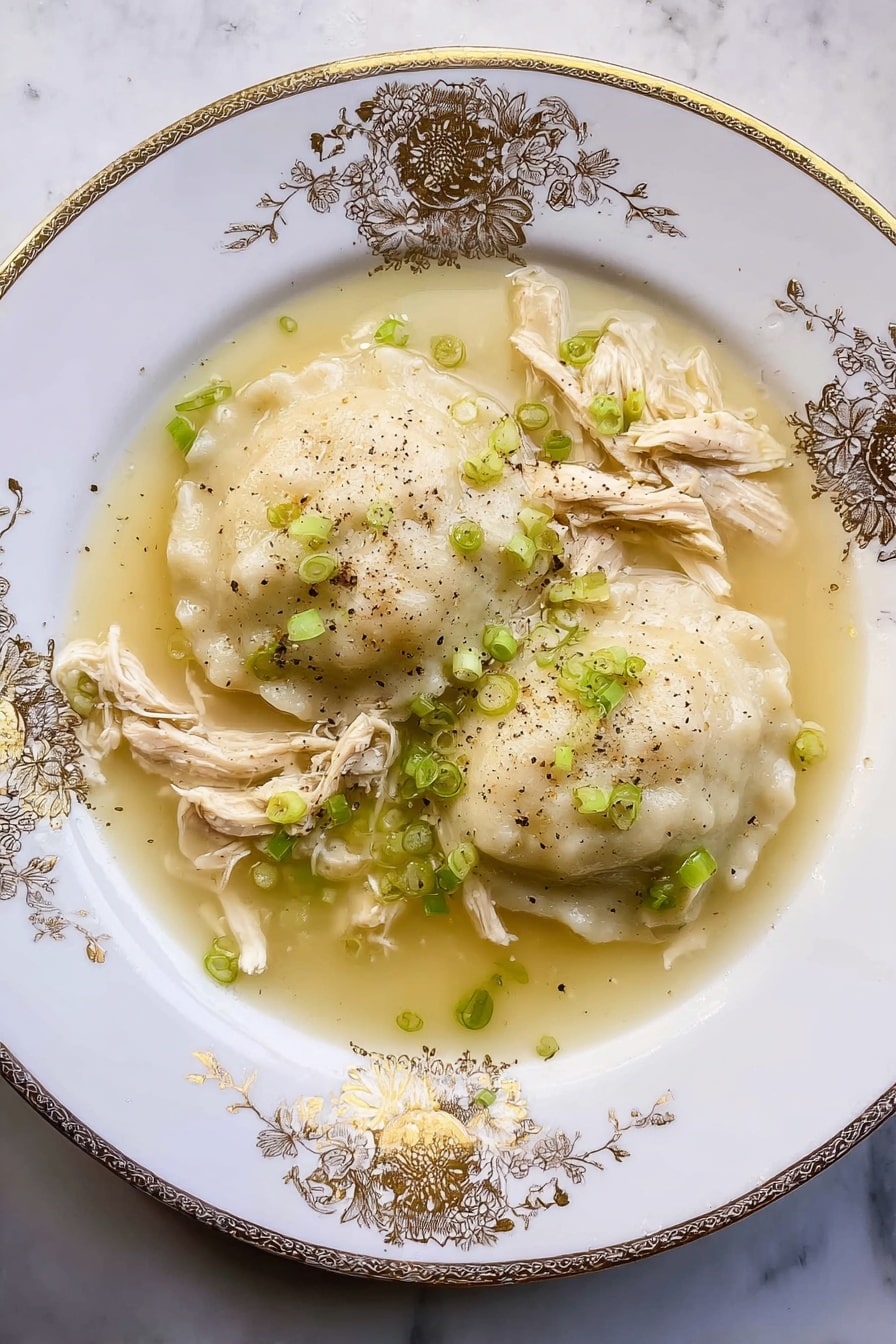 A white plate with gold floral designs holds two large, white dumplings covered in a light, clear broth with a slight yellow tint. Surrounding the dumplings are several pieces of shredded chicken with a soft texture and pale beige color. The broth is sprinkled with small green onion slices and a light dusting of black pepper, adding tiny specks of green and black over the dish. The plate sits on a white marbled surface. Photo taken with an iphone --ar 2:3 --v 7 - Easy Homemade Chicken and Dumplings, chicken and dumplings, comforting chicken dish, 6-ingredients chicken recipe, homemade chicken stew
