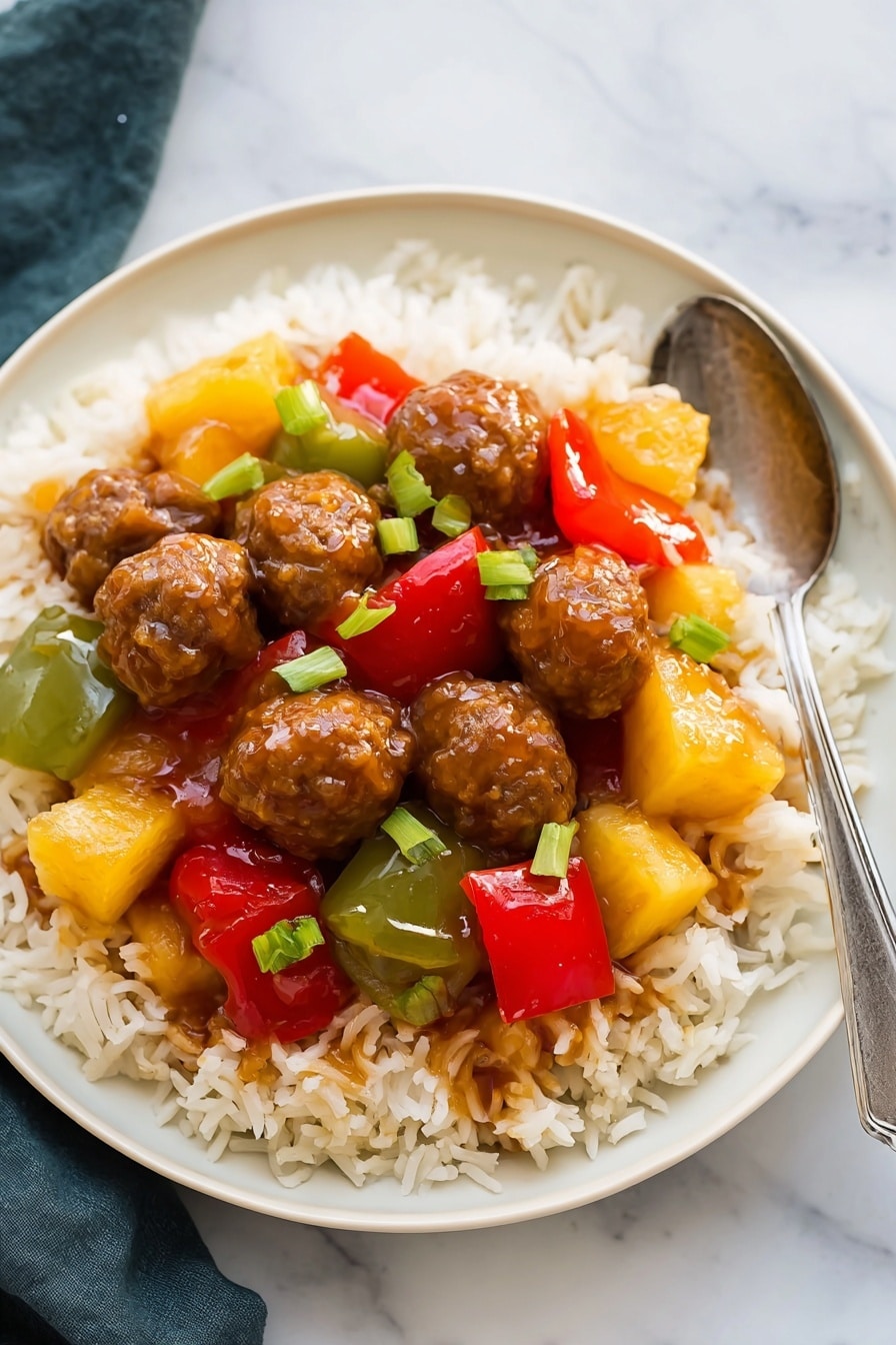 A white plate is filled with a layer of cooked white rice spread evenly, topped with a mix of small round brown meatballs, and chunks of red, yellow, and green bell peppers along with yellow pineapple pieces. The ingredients are covered in a shiny brown sauce giving a glazed look. The plate rests on a white marbled surface, and a silver spoon is placed on the right side of the plate. photo taken with an iphone --ar 2:3 --v 7 - Sweet and Sour Crockpot Meatballs, crockpot meatballs recipe, easy sweet and sour meatballs, slow cooker meatball ideas, family-friendly dinner recipes