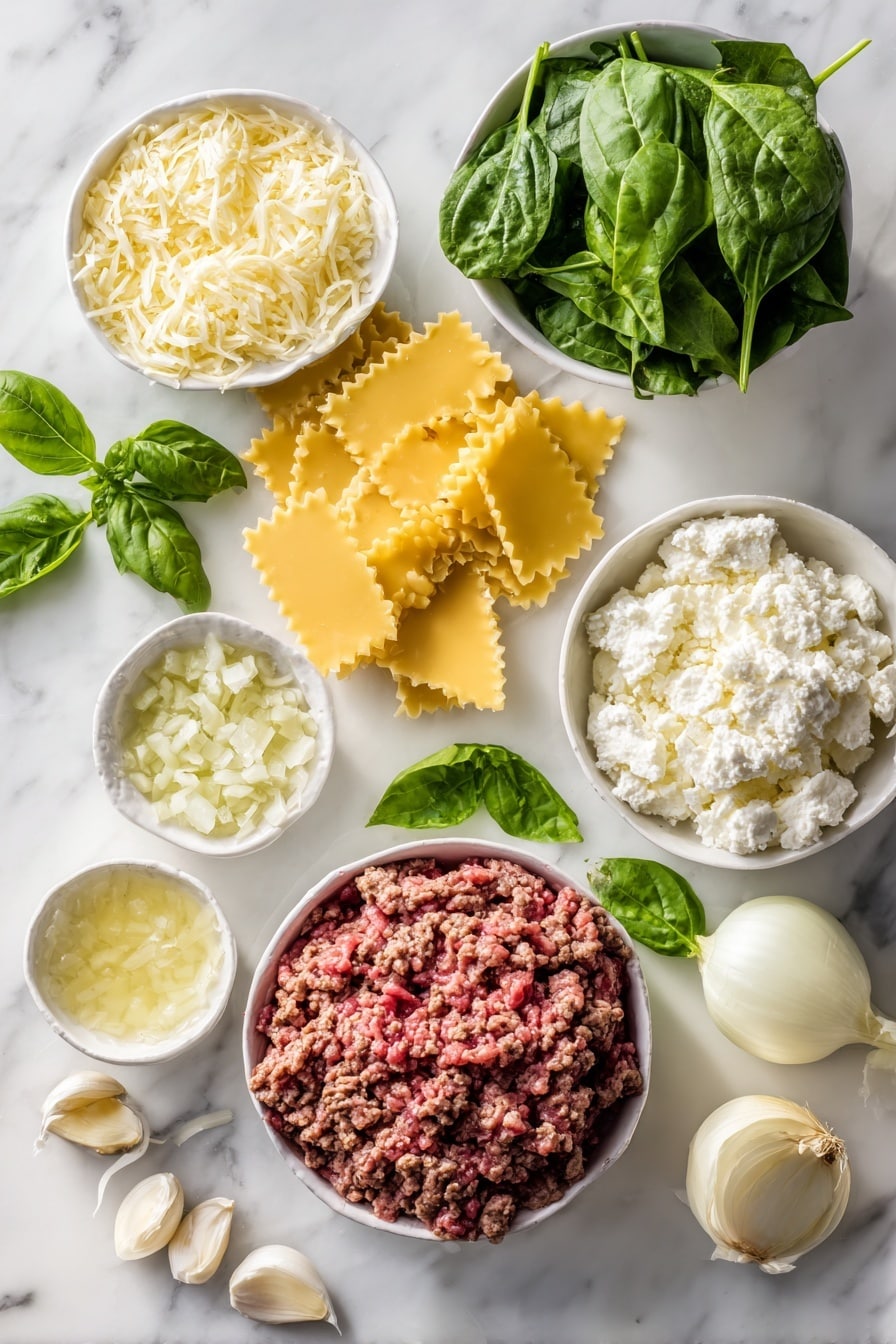Flat lay of lean ground beef, finely diced yellow onion, minced garlic cloves, bright fresh spinach leaves, broken pieces of uncooked lasagna noodles, shredded mozzarella cheese, creamy cottage cheese, grated Parmesan cheese, and fresh basil leaves, all beautifully arranged on a white marble surface, photo taken with an iphone --ar 2:3 --v 7 - Crockpot Lasagna, slow cooker lasagna recipe, easy lasagna dinner, cheesy crockpot lasagna, comfort food lasagna