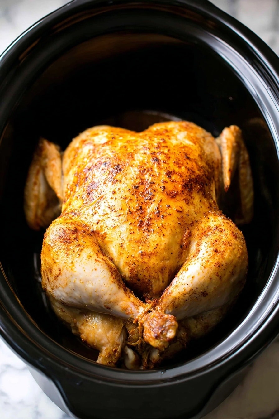 The image shows a whole cooked chicken with a golden brown and slightly crispy skin, seasoned with a light dusting of spices that create a pattern of darker and lighter spots. The chicken is placed inside a black slow cooker pot, which contrasts against the white marbled surface beneath it. The chicken's legs and wings are slightly spread out, and the skin looks smooth and moist. The overall look is warm and inviting, highlighting the cooked chicken as the main focus. photo taken with an iphone --ar 2:3 --v 7 - Slow Cooker Whole Chicken, Spiced Crispy Skin, Easy Roast Chicken, Juicy Slow Cooker Chicken, Crispy Skin Chicken