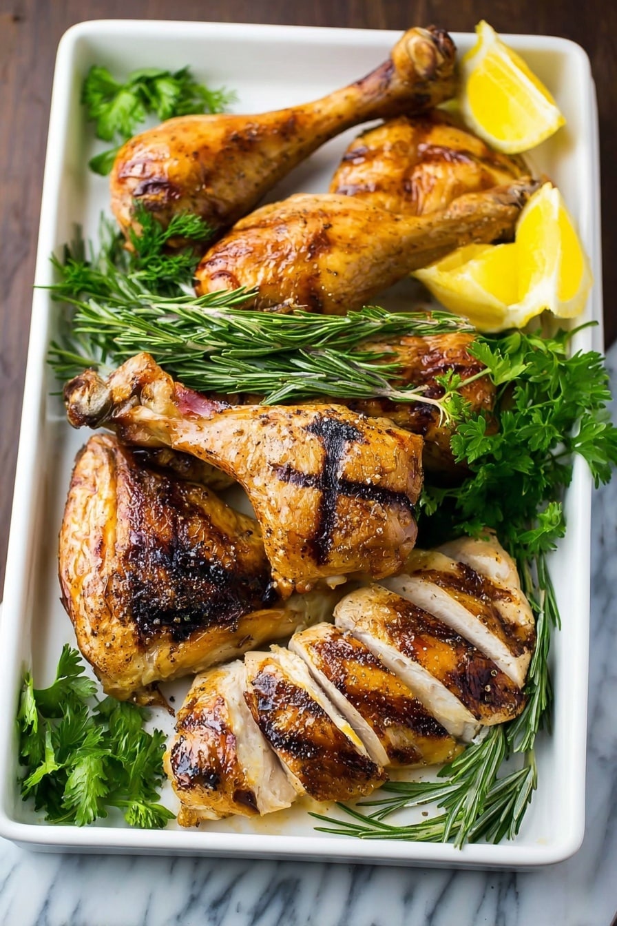 A white rectangular tray holds two cooked chicken legs at the top left, one wing at the bottom left, and several slices of golden-brown roasted chicken breast arranged in the center and right. The chicken skin is crispy with dark brown grill marks. Fresh green herbs like parsley and rosemary are placed around the chicken, adding contrast to the warm tones. There are also a few bright yellow lemon wedges on the top right corner. The tray is set on a white marbled surface. Photo taken with an iphone --ar 2:3 --v 7 - Slow Cooker Whole Chicken, Spiced Crispy Skin, Easy Roast Chicken, Juicy Slow Cooker Chicken, Crispy Skin Chicken