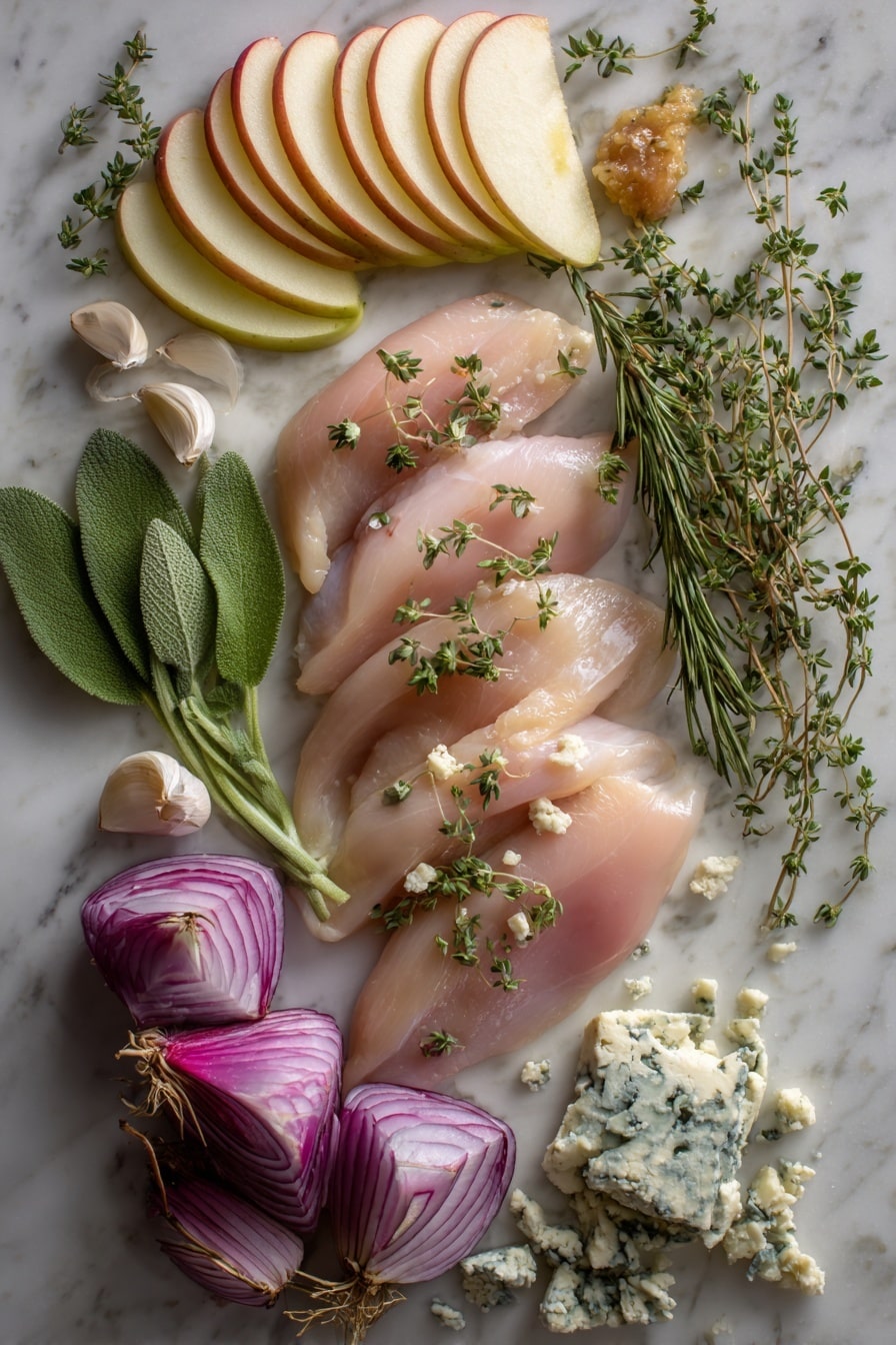 Flat lay of thin slices of prosciutto arranged alongside crisp Honeycrisp apple wedges, fresh green sage leaves, halved shallots with their purple skin, whole garlic cloves with papery skins, sprigs of fresh rosemary and thyme, crumbled blue cheese, and a dollop of smooth apple butter, all beautifully spread out with vibrant colors and natural textures, placed on a white marble surface, photo taken with an iphone --ar 2:3 --v 7 - Prosciutto Apple and Sage Butter Chicken with Cider Pan Sauce, apple cider chicken recipes, fall chicken dinners, gourmet chicken recipes, easy elegant chicken dinner