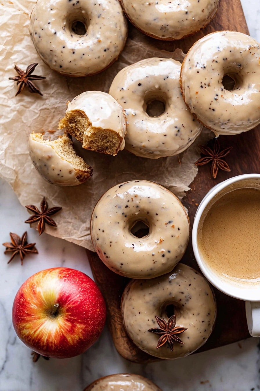 The image shows several round donuts with a light tan glaze that has small dark specks, arranged on a wooden board with some parchment paper. The donuts have a smooth, shiny top layer of glaze and a soft, spongy cake underneath that is a darker tan color. Some donuts are whole, while others are broken to show the crumbly inside texture with visible small chunks. Among the donuts is a red and yellow apple and a white ceramic cup filled with light brown coffee, garnished with two star anise pieces. The entire scene is set on a white marbled texture background. photo taken with an iphone --ar 2:3 --v 7 - Baked Apple Cider Doughnuts with Cinnamon Maple Glaze, fall apple cider doughnuts, baked apple cinnamon doughnuts, easy seasonal apple donuts, cozy autumn baked treats