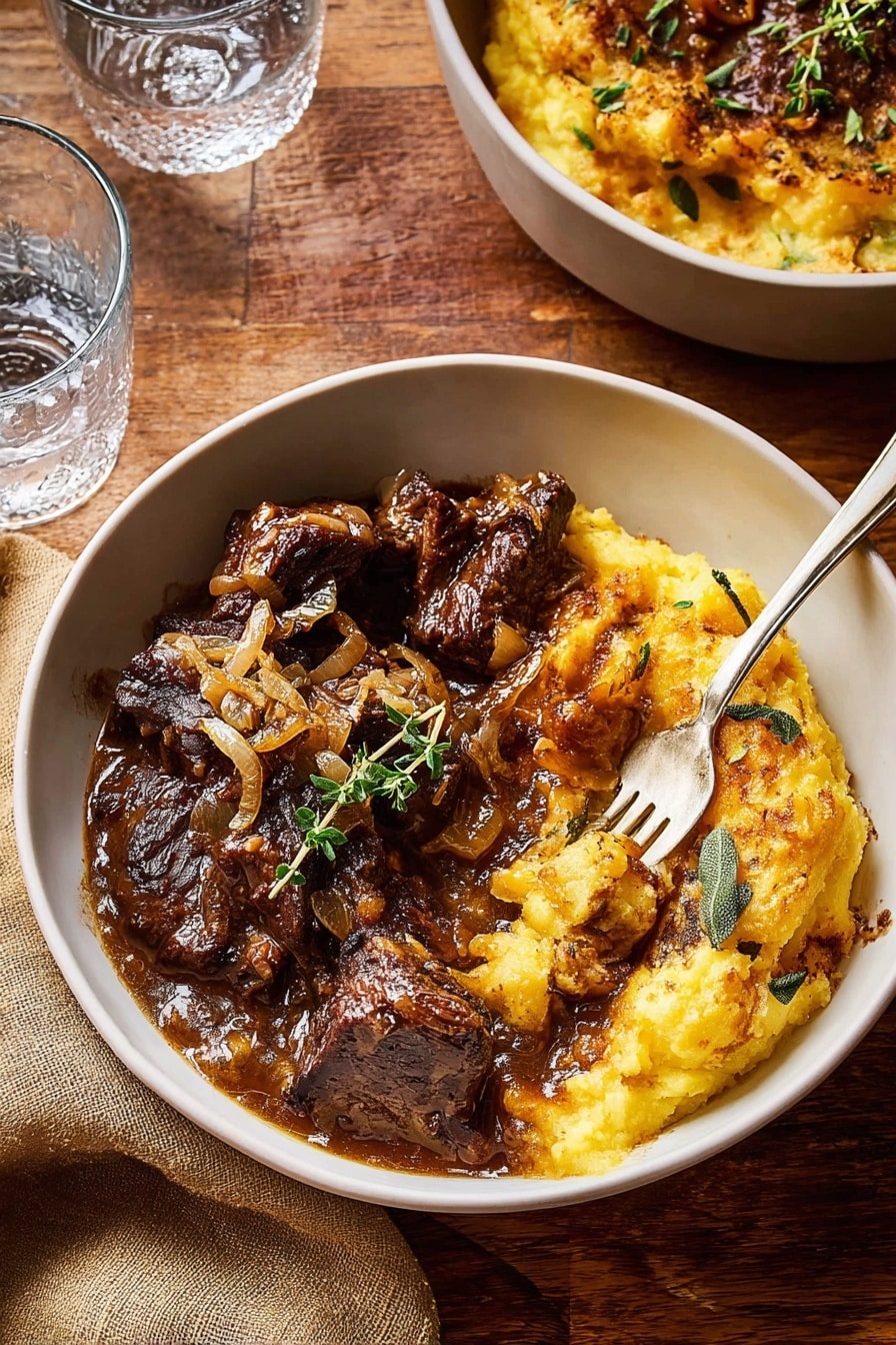A white bowl holds two main layers: on one side, dark brown chunks of slow-cooked meat with a glossy, thick brown sauce and caramelized onion pieces scattered on top, garnished with small sprigs of green thyme; on the other side, a golden yellow mashed or baked potato layer with crispy, slightly burnt edges and some green sage leaves mixed in. A silver fork rests on the potato side, partially digging into it. The bowl is placed on a wooden table, with a tan cloth napkin just beneath. Another white bowl with more of the golden potato layer is partially visible at the top right corner, and two clear glasses with water are in the upper left. The photo taken with an iphone --ar 2:3 --v 7 - Cider Braised Pot Roast with Crispy Sage Potatoes, hearty beef roast with apple cider, crispy sage potatoes, slow cooker pot roast recipes, comforting fall dinners