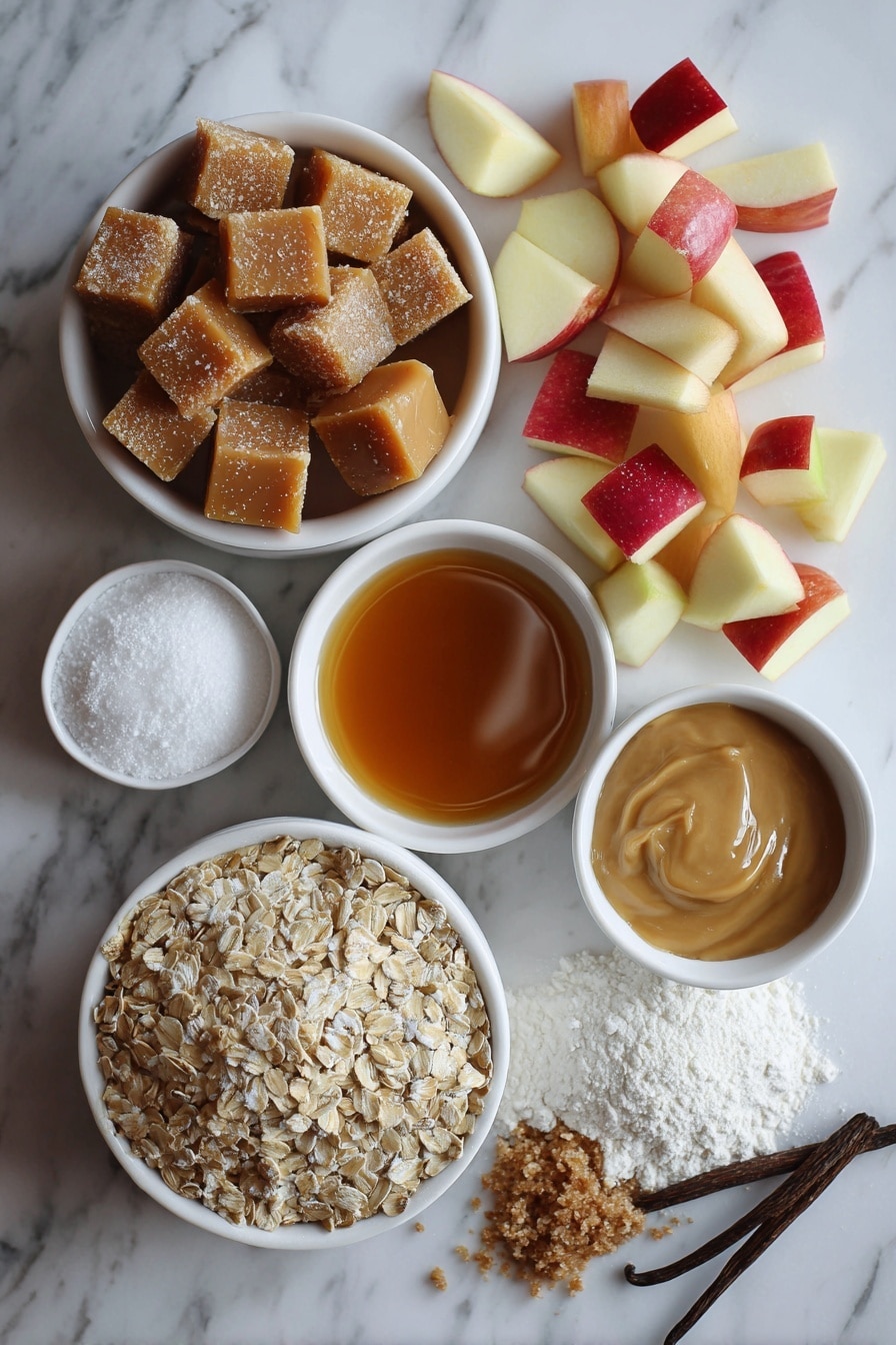 Flat lay of rich golden caramel chunks, glistening maple syrup, soft brown sugar crystals, fresh diced honeycrisp apple pieces with red and yellow skin, plump old fashioned oats, smooth vanilla beans, creamy browned butter with a warm amber hue, and a dusting of powdered sugar, all beautifully arranged on a white marble surface, photo taken with an iphone --ar 2:3 --v 7 - Iced Apple Cider Caramel Oatmeal Cookies, apple cider oatmeal cookies, caramel oatmeal cookies, fall cookies with apple cider, chewy caramel oatmeal treats