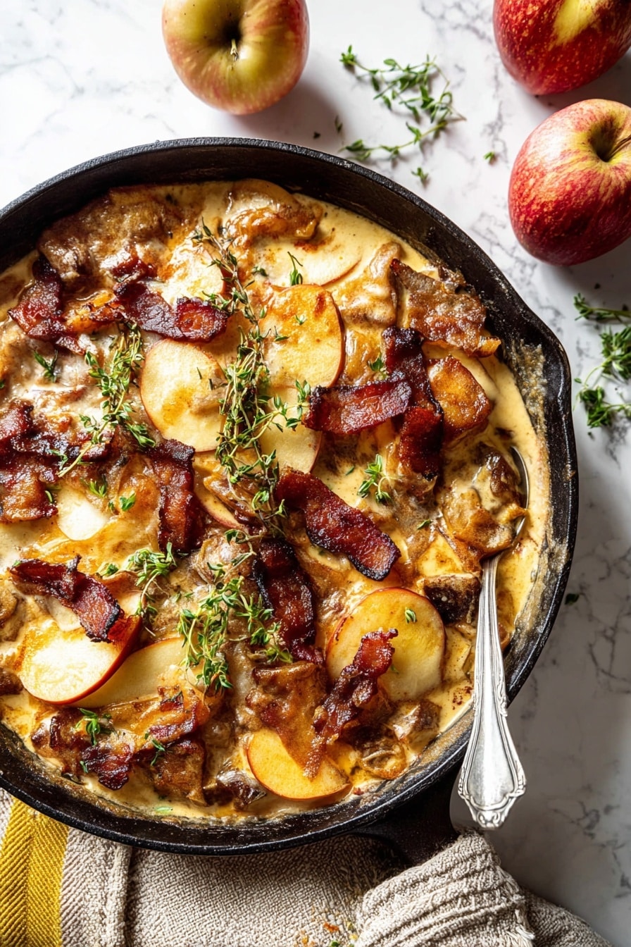 A black cast iron pan filled with a rich layered dish starting with golden brown cooked meat pieces, topped unevenly with light golden creamy sauce with a slightly thick texture, scattered with soft cooked apple slices showing pale yellow skin and light brown edges, and crunchy dark red-brown crispy bacon strips placed on top. Fresh green herb sprigs are garnished on the dish. The pan sits on a white marbled surface, near two whole apples and a textured beige cloth with a yellow stripe. A silver spoon rests inside the pan near the edge. Photo taken with an iphone --ar 2:3 --v 7 - Apple Cider Smothered Chicken, savory chicken with apple cider sauce, easy dinner recipes, cozy fall chicken dish, beginner-friendly chicken recipes
