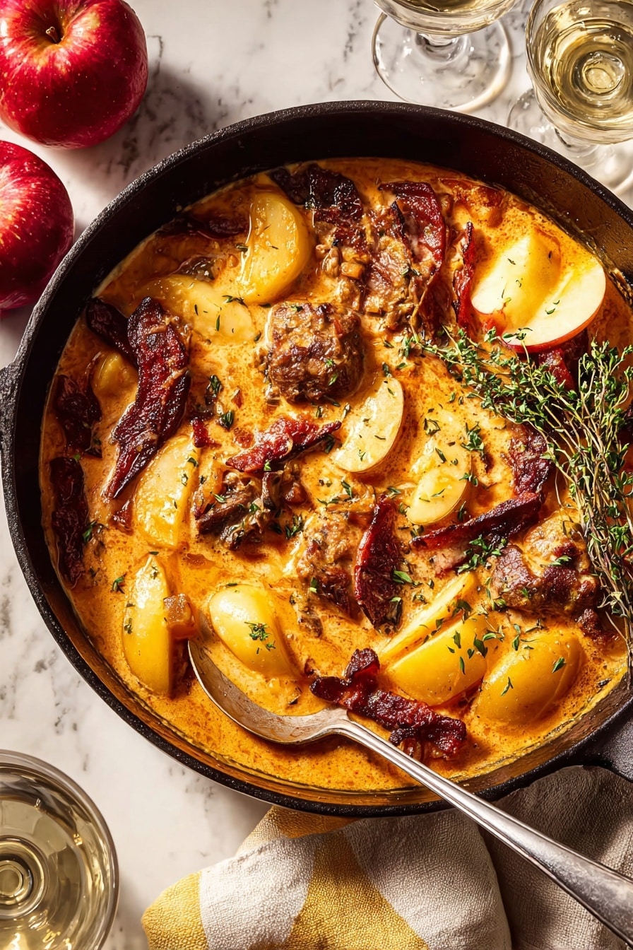 A black cast iron pan holds a rich, creamy orange sauce layered with golden-brown cooked pieces of meat and soft, light yellow apple slices. Crispy, dark reddish-brown strips are scattered on top, adding texture. Small green fresh herb sprigs rest on the dish, providing contrast. A metal spoon with a long handle is placed inside the pan, partially submerged in the sauce. The pan sits on a white marbled surface with a bright red apple and green herb sprigs nearby, alongside two glasses casting light reflections. A beige cloth with a yellow stripe is partly visible at the bottom edge of the image. Photo taken with an iphone --ar 2:3 --v 7 - Apple Cider Smothered Chicken, savory chicken with apple cider sauce, easy dinner recipes, cozy fall chicken dish, beginner-friendly chicken recipes
