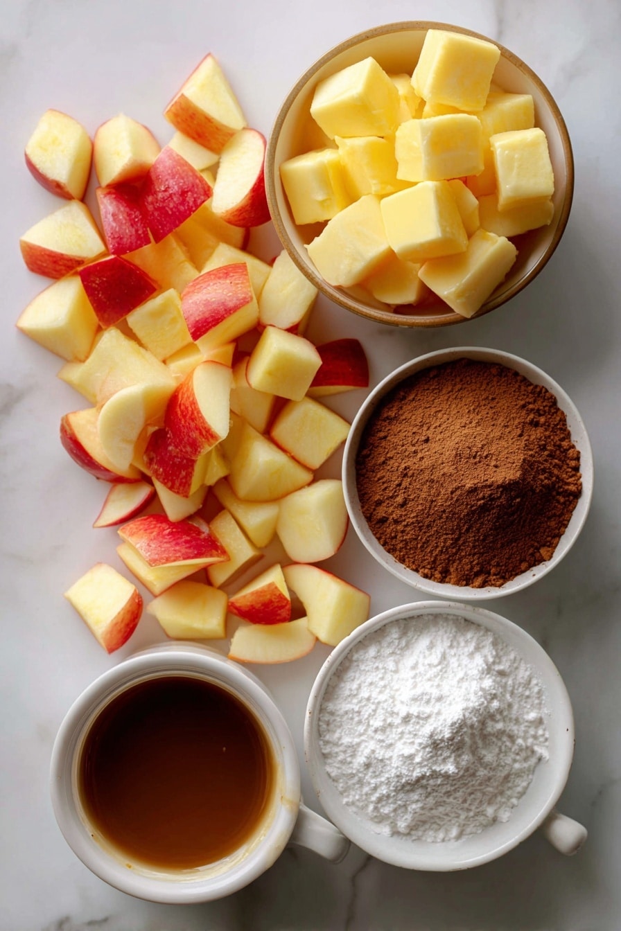 Flat lay of vibrant chopped honeycrisp apples, golden melted butter glistening, warm cinnamon and granulated sugar mix, rich apple butter, smooth vanilla extract, delicate powdered sugar dusted lightly over the scene, and a small mound of instant coffee powder for subtle depth, all beautifully arranged in harmony on a white marble surface, photo taken with an iphone --ar 2:3 --v 7 - Shortcut Easy Apple Fritters, apple fritters with puff pastry, quick apple fritters recipe, cinnamon apple fritters, fall dessert recipes
