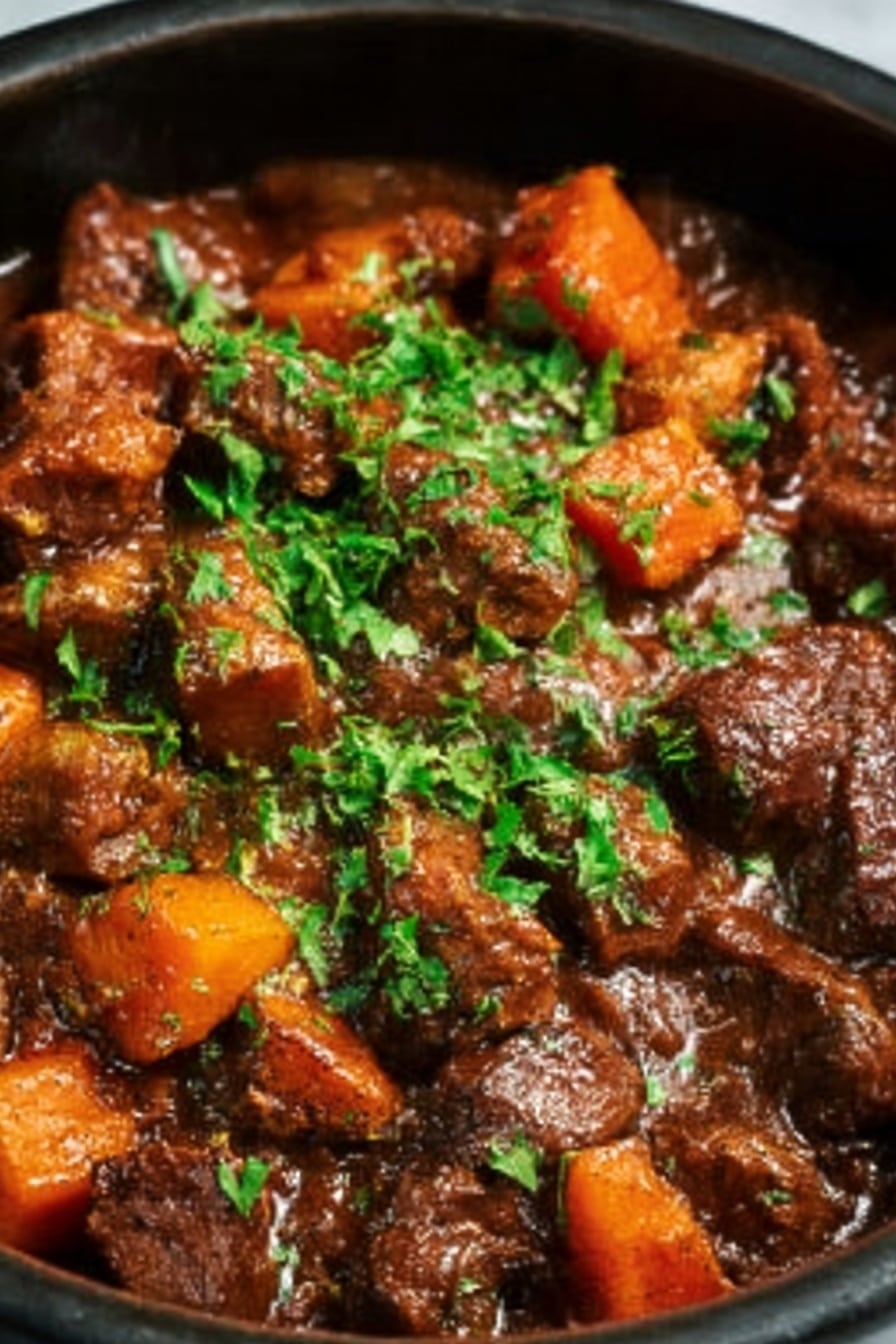 The image shows two white bowls filled with a layered dish. The bottom layer is smooth, creamy mashed potatoes, colored pale yellow. On top of the mashed potatoes, a thick stew with dark brown and reddish hues covers the surface, consisting of chunky pieces of tender meat, orange carrot slices, and small light brown potato cubes. Green chopped parsley is sprinkled over the stew, adding a fresh bright green contrast. A silver spoon rests inside the front bowl, with its handle pointing outward. The bowls sit on a white marbled surface with a white cloth nearby. photo taken with an iphone --ar 2:3 --v 7 - Slow Cooker Beef Stew with Rich Gravy, hearty beef stew, easy slow cooker beef recipe, comfort food stew, flavorful beef stew recipe