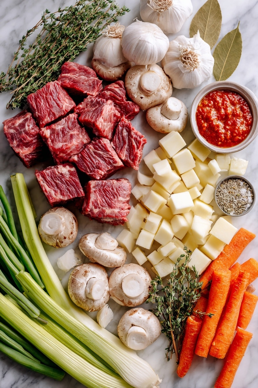 Flat lay of cubed beef chuck roast, whole quartered mushrooms, peeled and cubed celery root, peeled pearl onions, sliced celery ribs, roll-cut carrots, sliced garlic cloves, and a small dollop of rich tomato paste, all beautifully arranged in neat clusters with a few scattered dried thyme leaves and a single bay leaf, placed on a white marble surface, photo taken with an iphone --ar 2:3 --v 7 - Keto Beef Stew, low-carb beef stew, keto dinner ideas, healthy beef stew, easy keto recipes