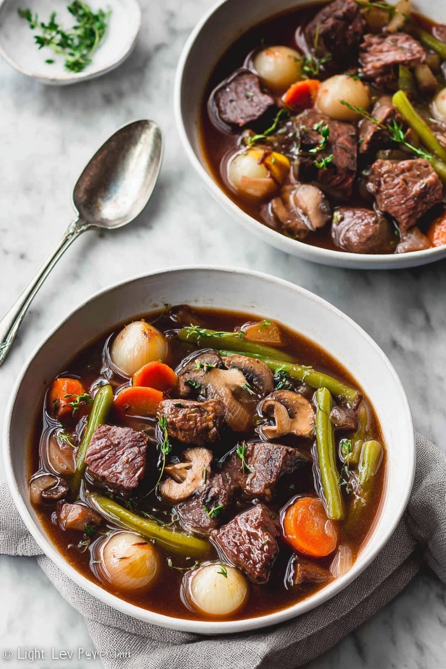 Two white shallow bowls sit on a white marbled surface, each filled with a rich beef stew. The stew shows large, chunky pieces of deep brown beef mixed with round pearl onions, green celery sticks, sliced mushrooms, orange carrot chunks, and green beans all soaked in a dark brown broth. Small green herb sprigs lie on top for garnish. A shiny silver spoon rests near the bowls on a light gray cloth. The whole scene is softly lit, showing steam rising from the hot stew. photo taken with an iphone --ar 2:3 --v 7 - Keto Beef Stew, low-carb beef stew, keto dinner ideas, healthy beef stew, easy keto recipes