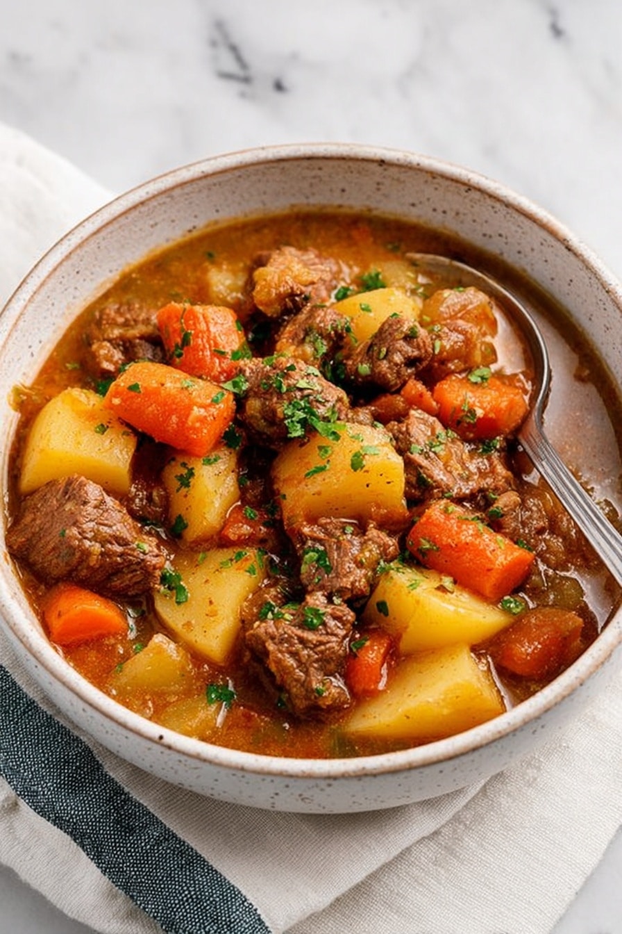 A white speckled bowl filled with thick beef stew, showing three layers: large chunks of brown beef, soft yellow potatoes, and bright orange carrots, all mixed in a rich brown gravy. Small green herbs are sprinkled on top, adding a fresh touch. A silver spoon rests on the right side inside the bowl. The bowl sits on a white marbled surface with a folded white and blue cloth partially under it. Photo taken with an iphone --ar 2:3 --v 7 - Hearty Oven-Braised Lamb Stew with Mushrooms, Potatoes, and Carrots, hearty lamb stew, oven-braised lamb recipe, comfort food lamb stew, easy lamb stew, savory meat and vegetable stew