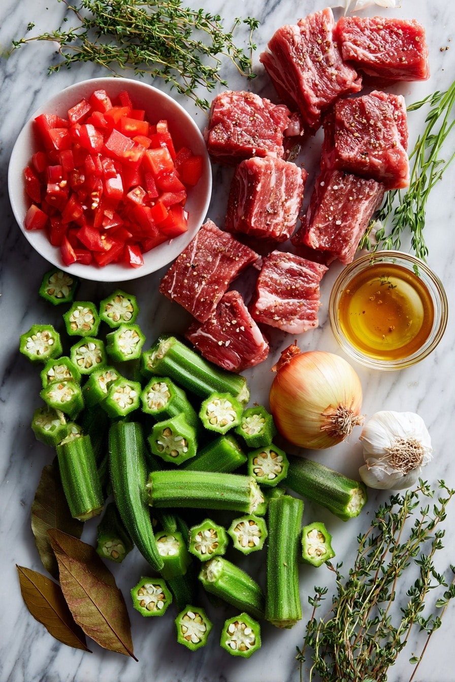 Flat lay of fresh okra pods sliced into rounds, bright red diced tomatoes with juicy seeds visible, thick-cut raw bacon strips with marbled fat, a small shiny Vidalia onion whole and halved to show the layers, garlic cloves peeled and unpeeled, sprigs of fresh green thyme leaves, a dried bay leaf with its textured surface, and a small bowl of golden apple cider vinegar droplets, placed on a white marble surface, photo taken with an iphone --ar 2:3 --v 7 - Stewed Okra and Tomatoes with Bacon and Herbs, okra and tomato stew, Southern okra recipe, easy vegetable stew, bacon and herb okra dish